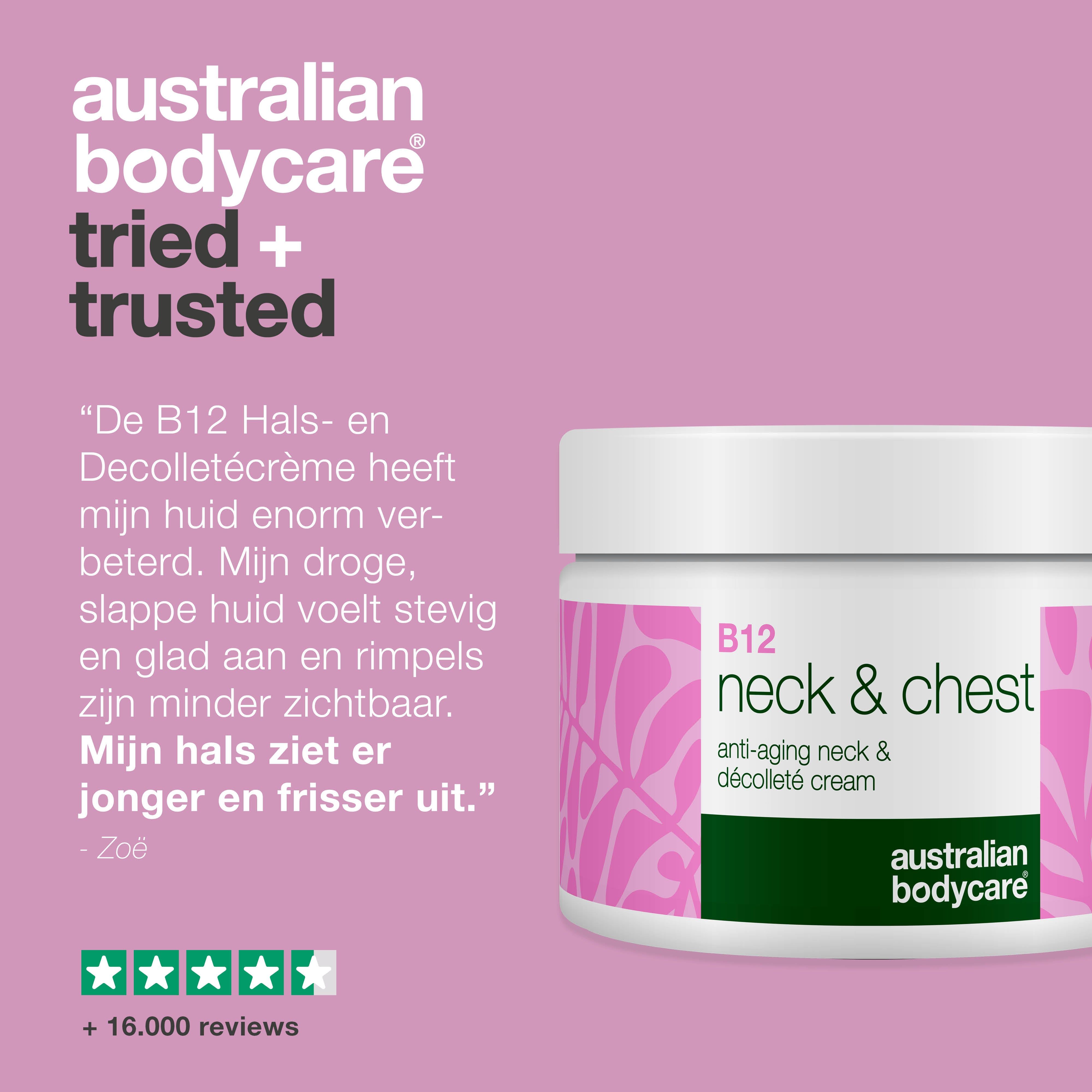 Crèmepot met tekst. Tekst: getuigenis, 5 sterren beoordeling. Australian Bodycare.