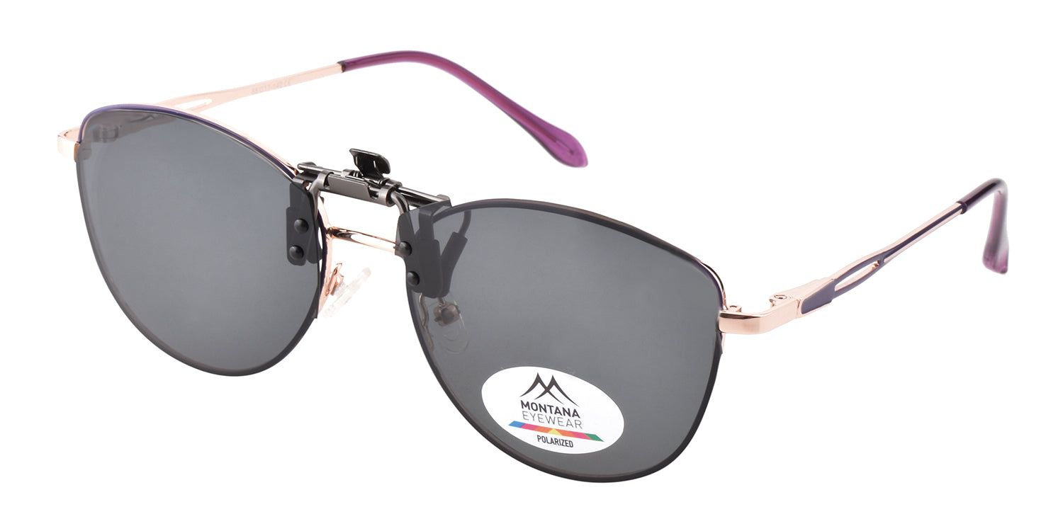 Lunettes de soleil Montana Eyewear Sopot à clipser avec monture. Monture dorée, branches violettes. Polarisées. Logo.