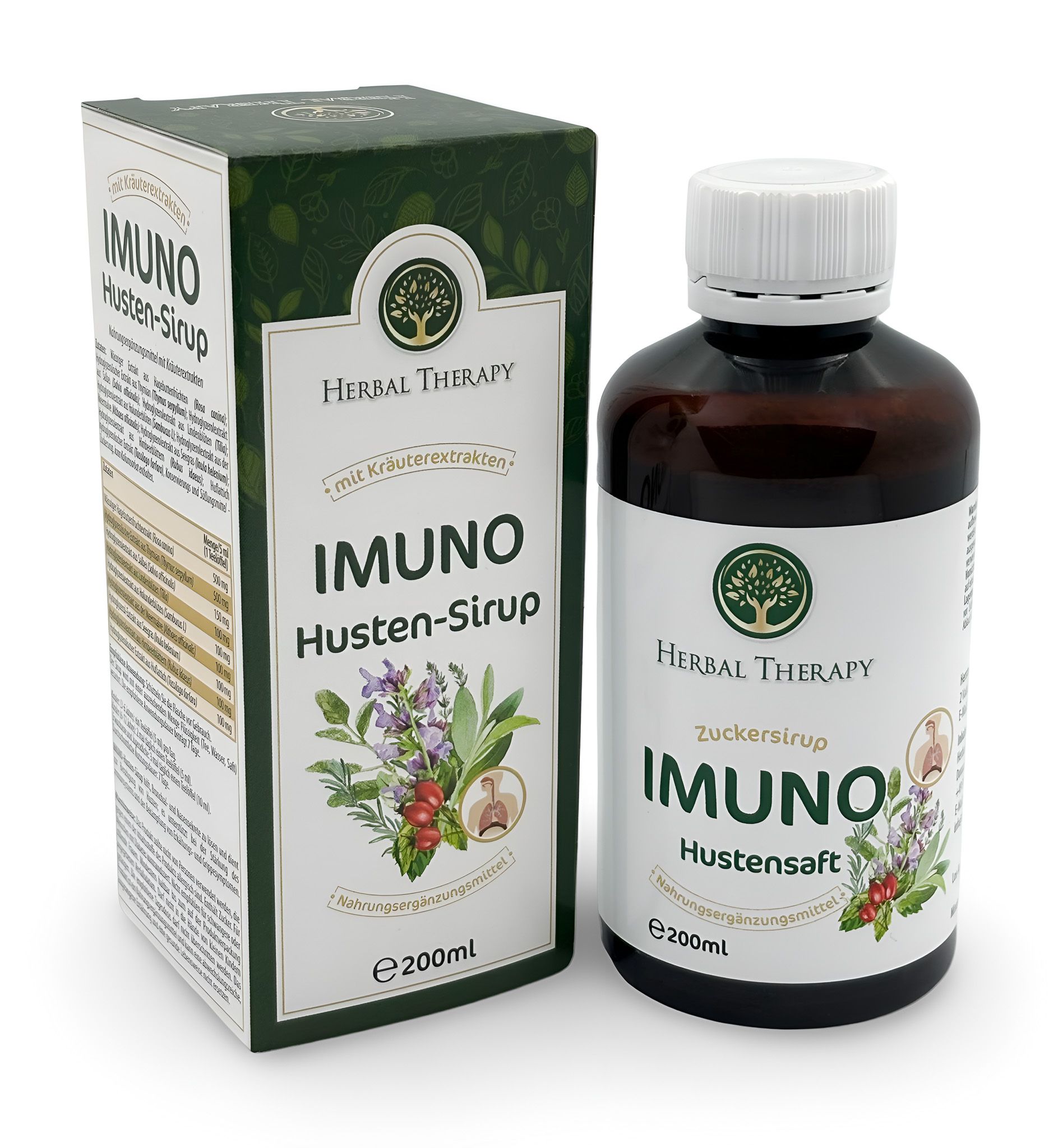 Bruine fles en groene doos. Opschrift: IMUNO Husten-Sirup, Herbal Therapy. Met kruidenextracten. E 200ml.