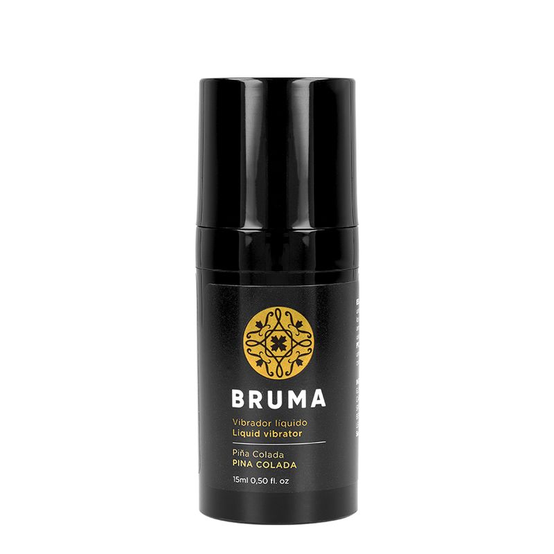 Zwarte fles Bruma vloeibare vibrator, 15ml, met druppelaar-dispenser.