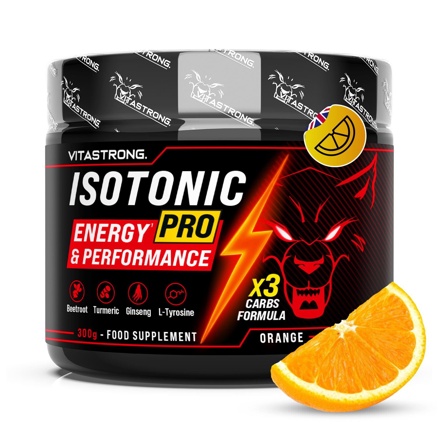 Pot Vitastrong Isotonic PRO. Tekst: Energie & Prestaties. Ingrediënten: Biet, kurkuma, ginseng, L-tyrosine. 300g, sinaasappel.