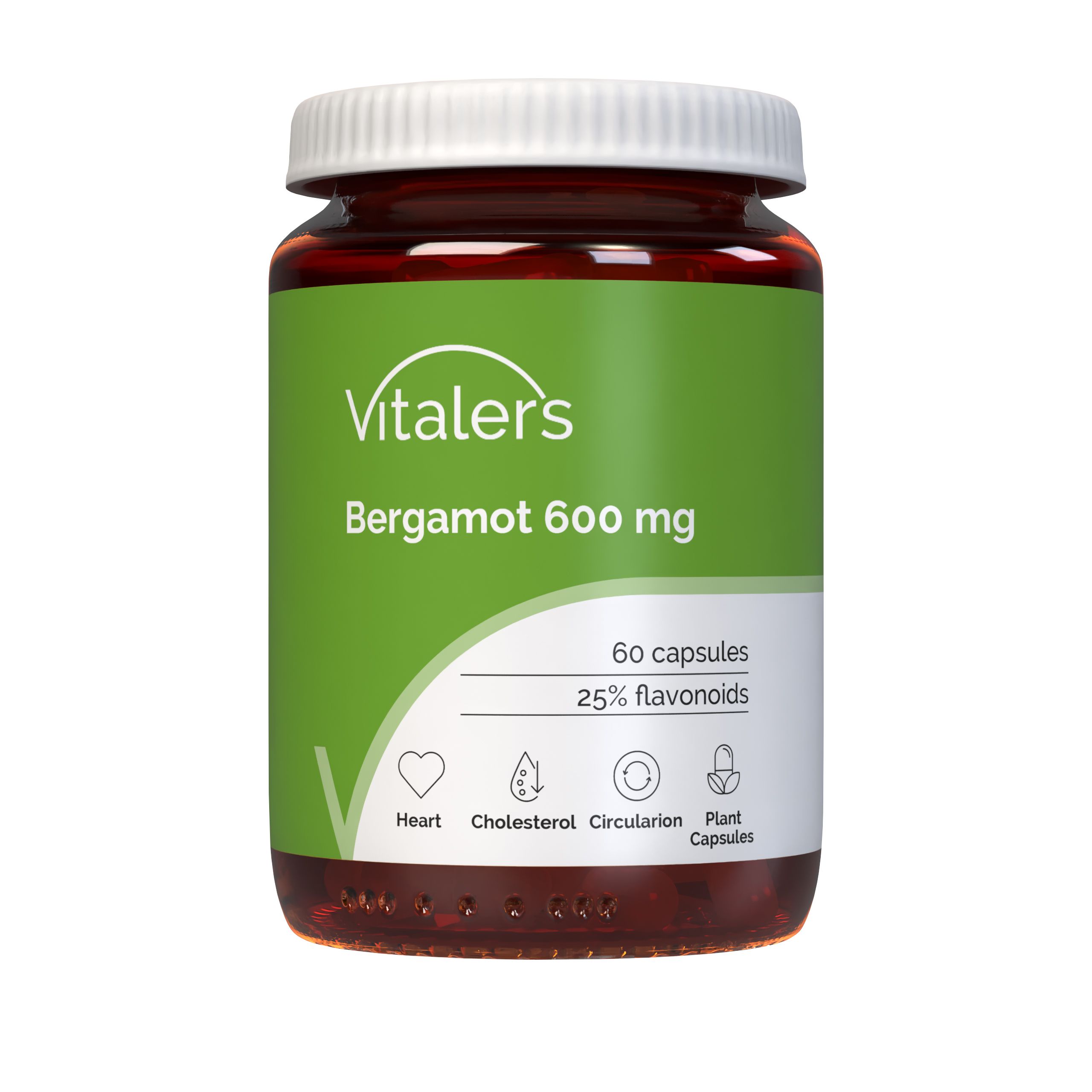 Vitaler’s Bergamot 600 mg Capsules: Bruine glazen pot met groen etiket, 60 capsules, 25% flavonoïden.
