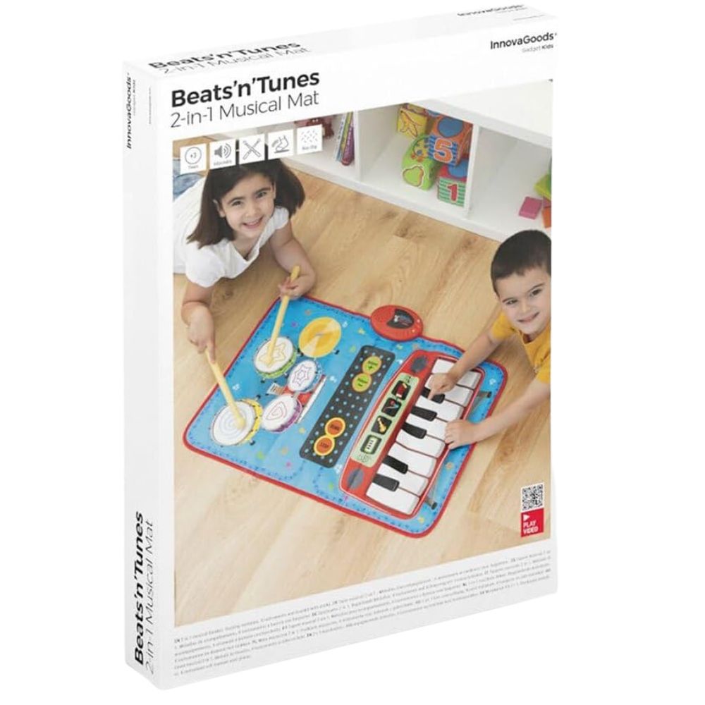 Emballage avec image du produit. Inscription : Beats'n'Tunes 2-en-1 Tapis musical. Enfants jouant sur le tapis. Logo InnovaGoods.