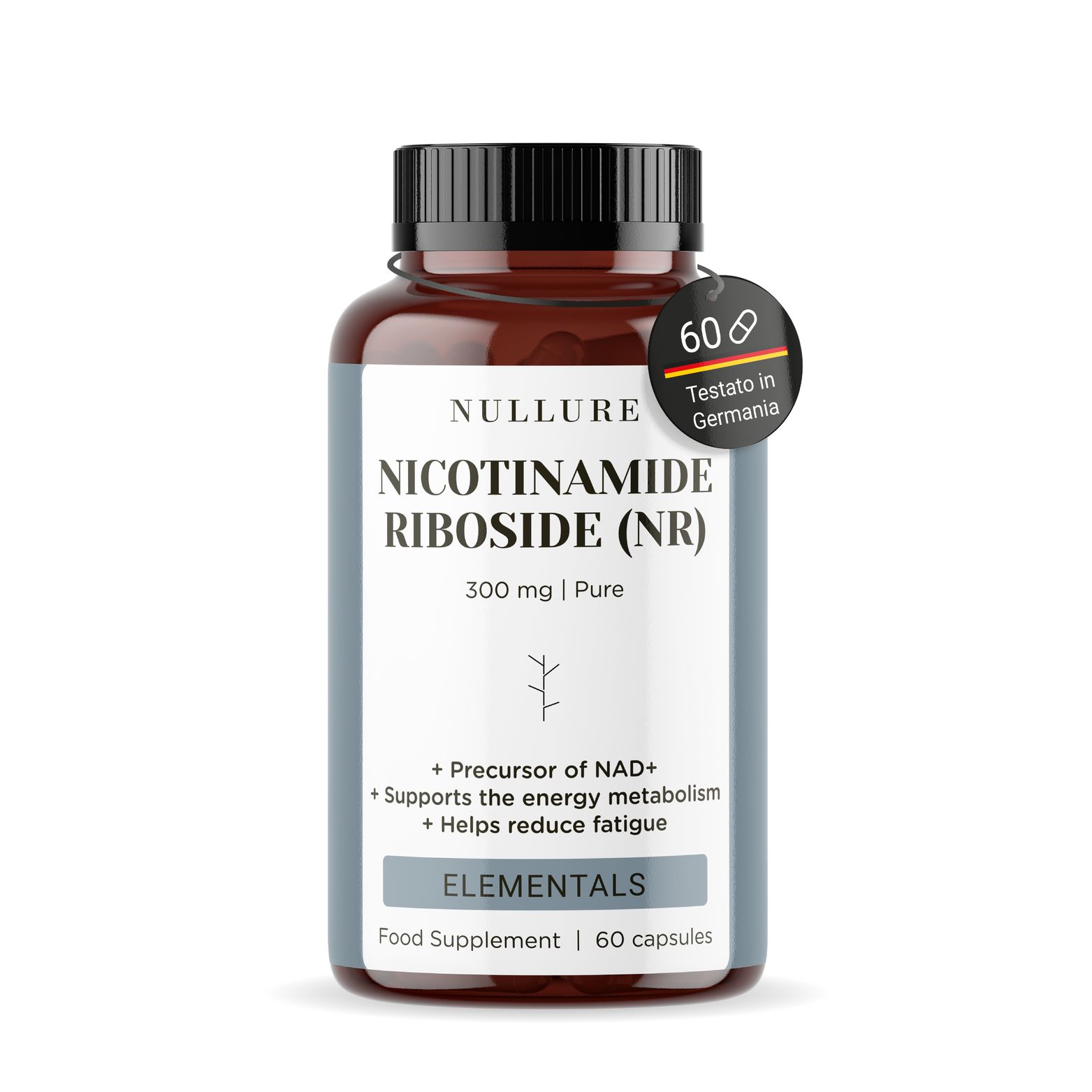 Fles met Nicotinamide Riboside (NR) capsules, 300 mg, 60 capsules, "Testato in Germania" sticker.