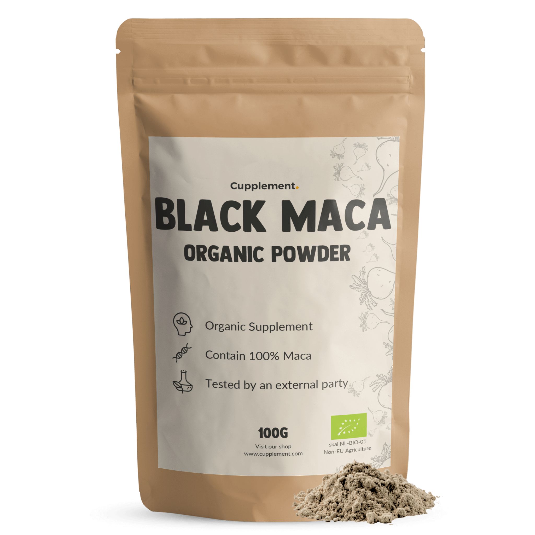 Zakje zwarte Maca poeder. Opschrift 'Black Maca Organic Powder'. 100g verpakking, BIO keurmerk.