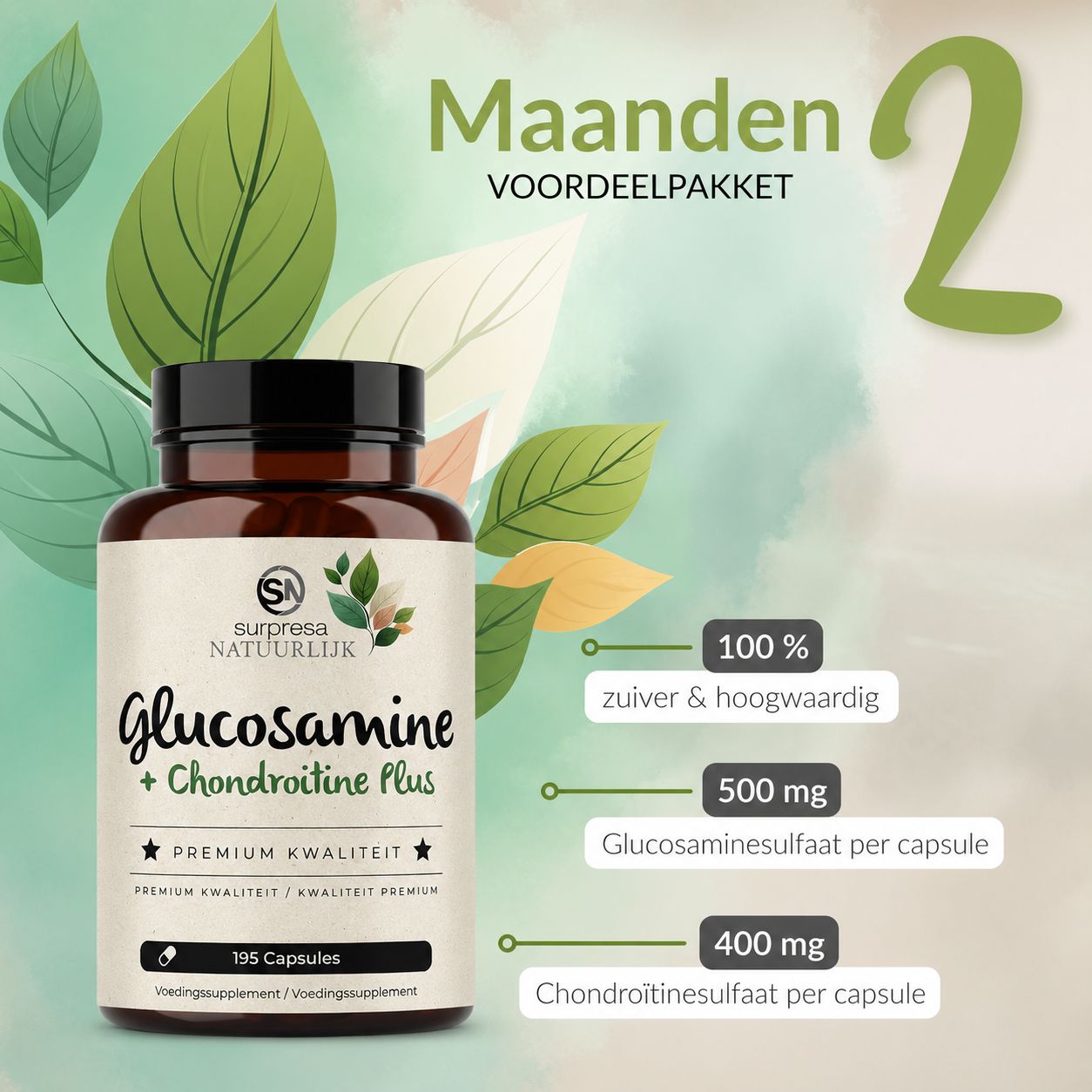 Bruine capsulefles met etiket: Glucosamine + Chondroïtine Plus, 195 capsules. 500 mg Glucosaminesulfaat, 400 mg Chondroitinesulfaat per capsule.