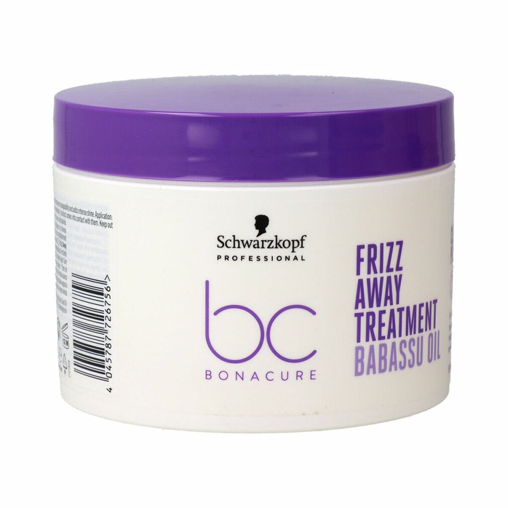 Pot blanc avec couvercle violet. Inscription : Schwarzkopf Professional bc Bonacure Frizz Away Treatment Babassu Oil.