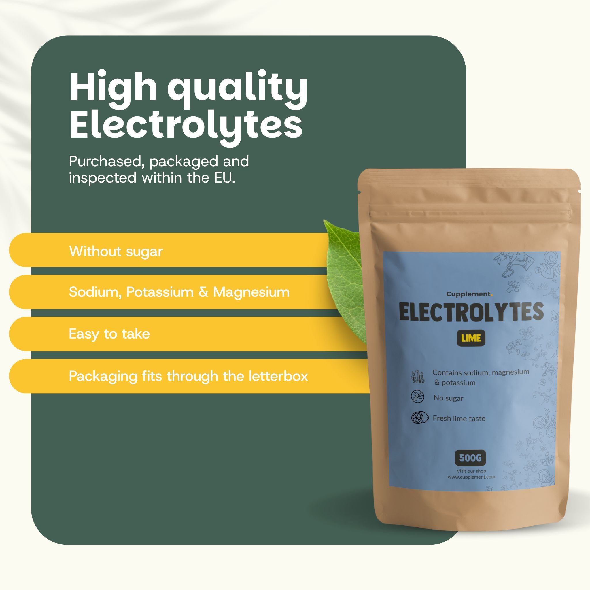 Sachet d'électrolytes. Inscription : Cupplement, Electrolytes, Lime. Contient du sodium, du magnésium et du potassium. 500g. Sans sucre. Emballage adapté à la boîte aux lettres.