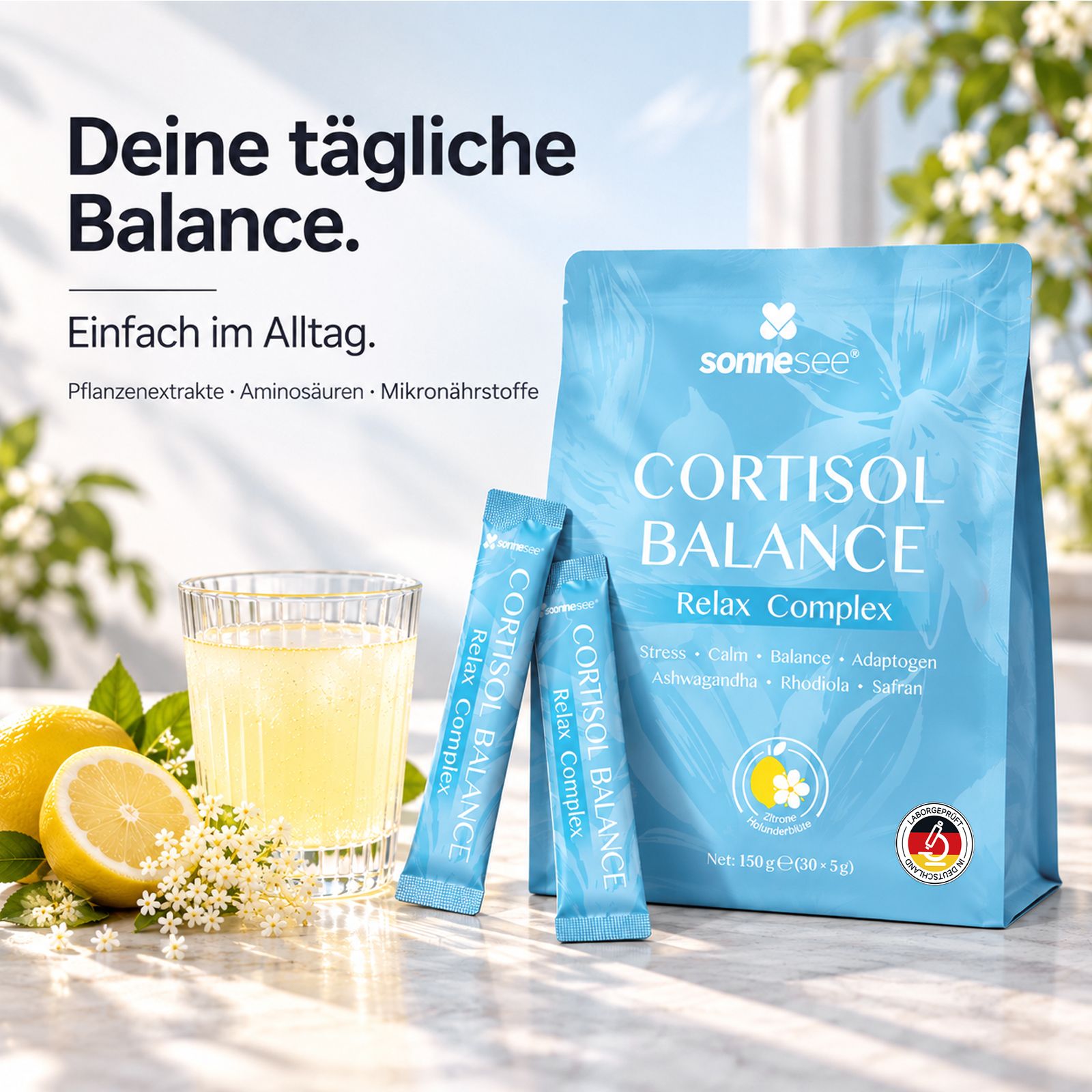 Sachet SonneSee Cortisol Balance avec sticks, citron et fleurs de sureau.