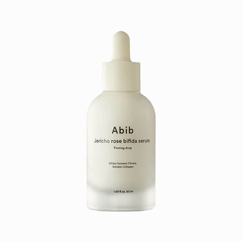 Beige serumfles met pipet. Opschrift: Abib Jericho Rose Bifida Serum Firming Drop. Opschrift: Bifida Ferment Filtrate, Sensible Collagen.