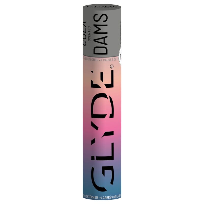 Emballage cylindrique de Glyde Dams. Inscription: Cola Scented, Glyde Dams. Dégradé de rose à bleu.