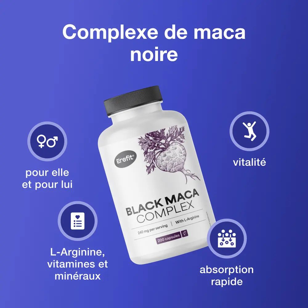 Flacon Black Maca Complex. Symboles: Femme, homme, vitalité, L-Arginine, vitamines, minéraux, absorption rapide.