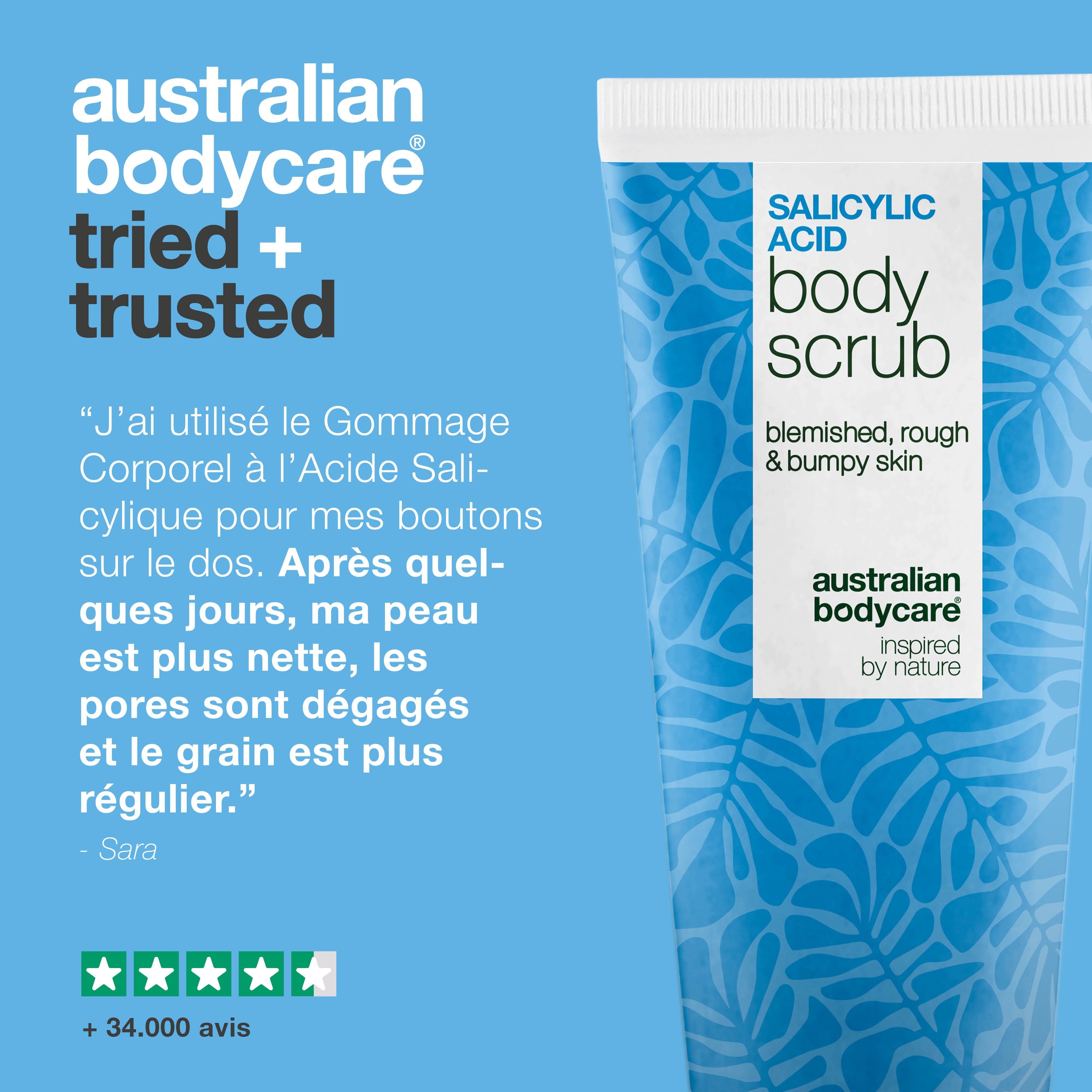 Tube de gommage corporel. Texte: Australian Bodycare, essayé et approuvé. Citation. Évaluation 5 étoiles. +34 000 avis.