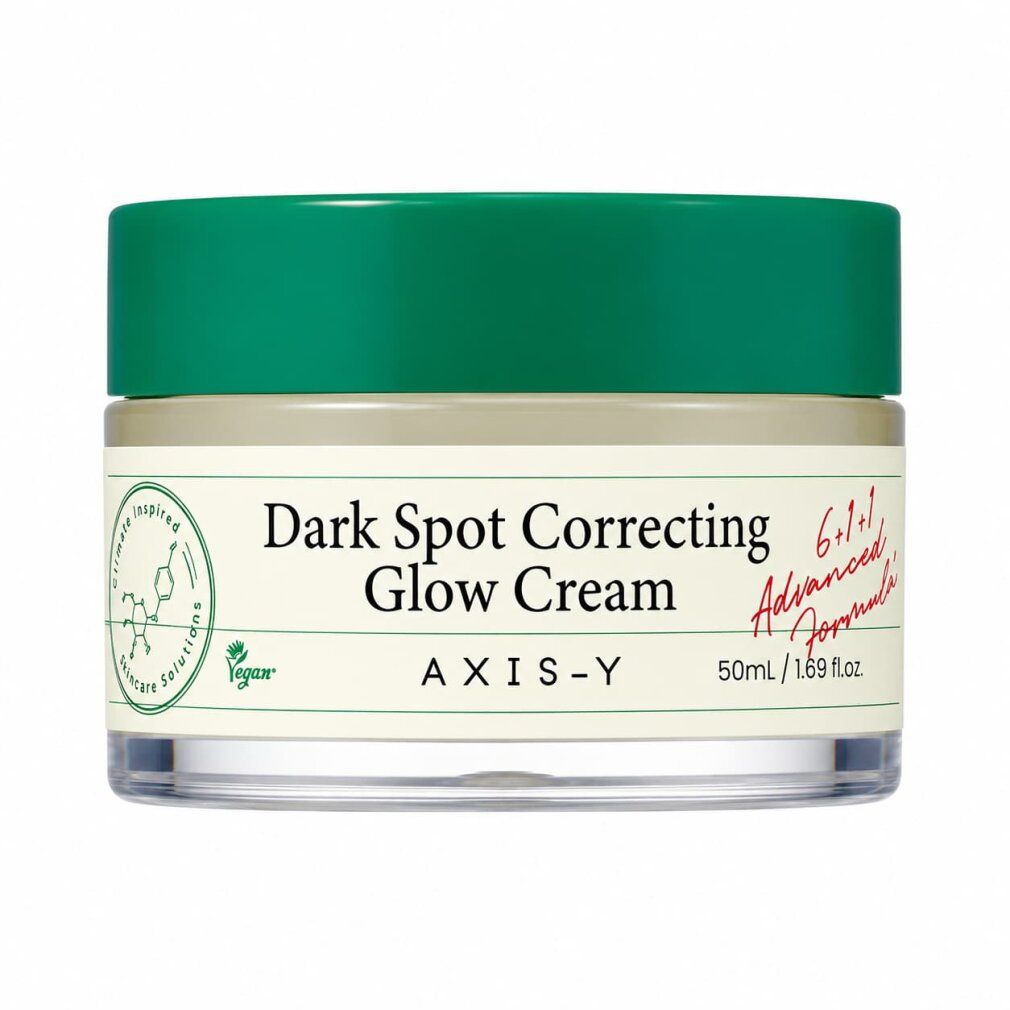 Pot de crème avec couvercle vert. Contient la crème 'Dark Spot Correcting Glow Cream' d'AXIS-Y.