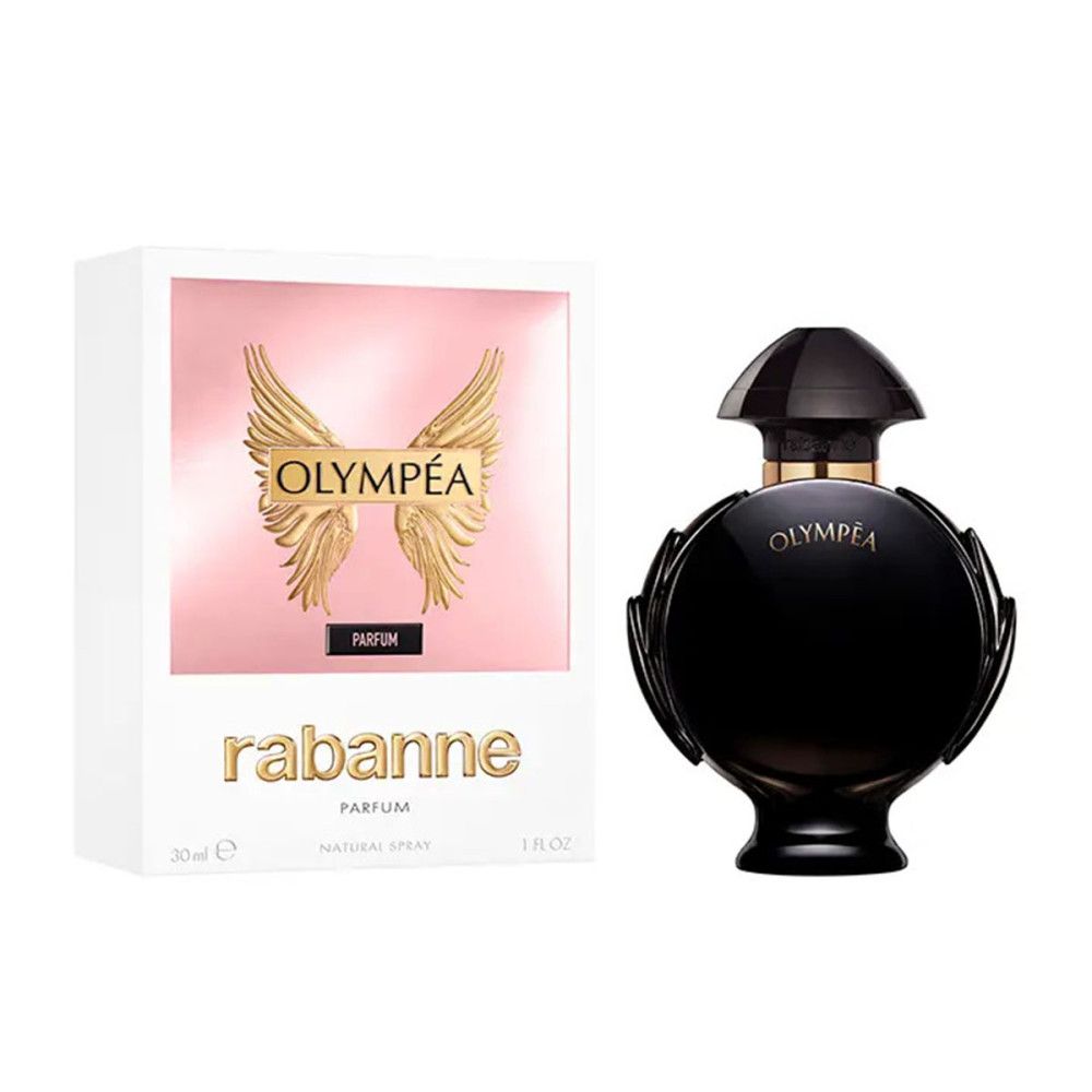 Flacon noir avec bouchon doré et inscription. Emballage blanc avec logo et nom du produit. Logo Rabanne.