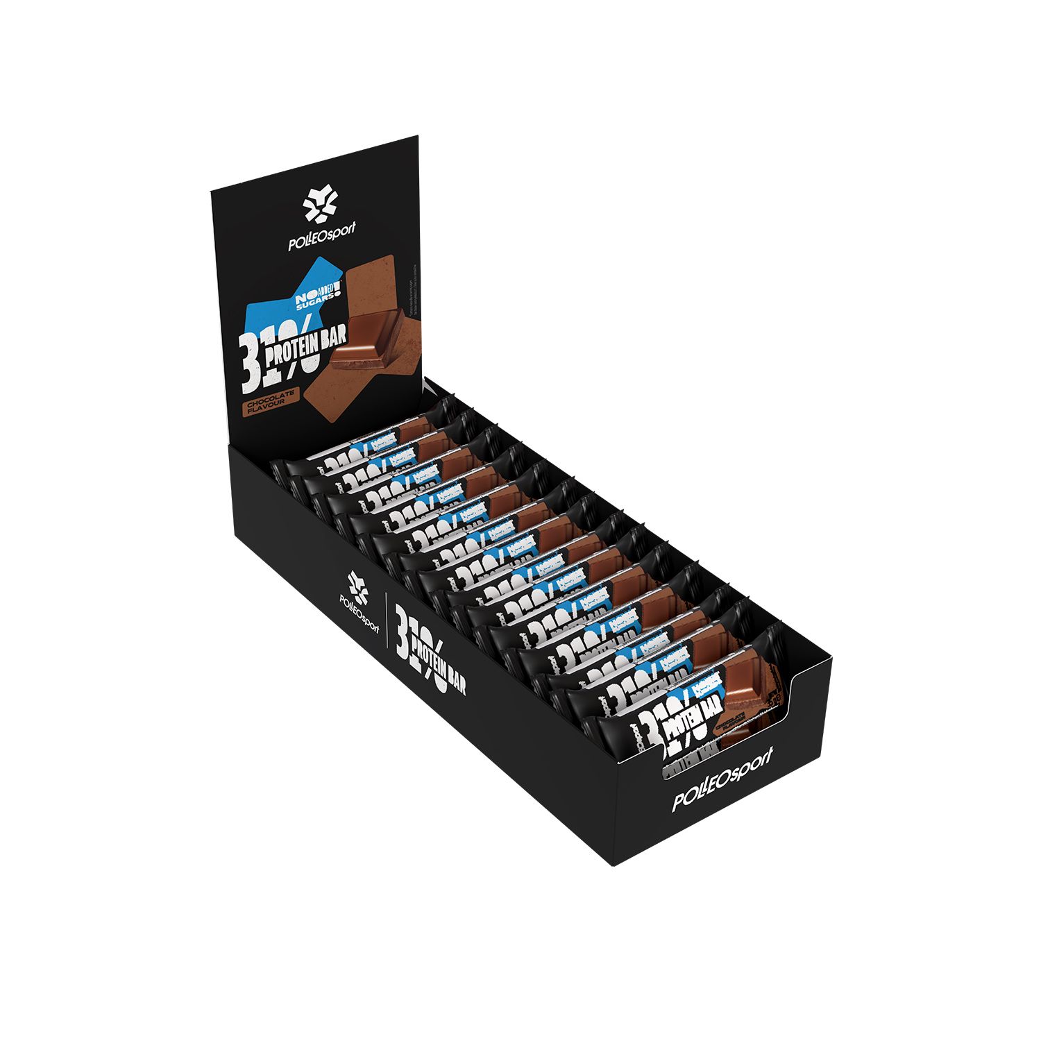 Zwarte doos met eiwitrepen. Opschrift: 31% Protein Bar. Merk: PolleoSport. Verpakte repen.