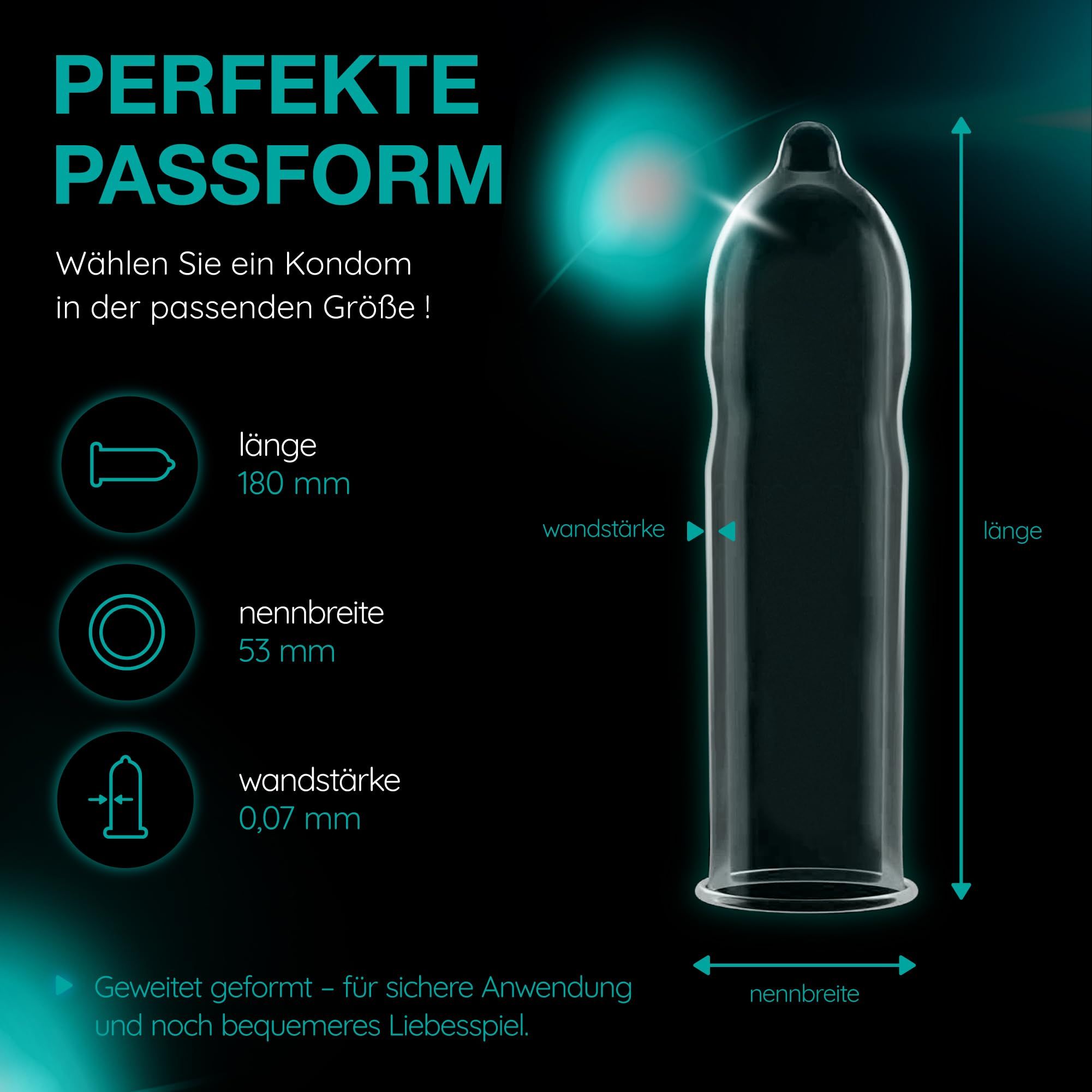 Préservatif Vitalis: Longueur 180 mm, largeur nominale 53 mm, épaisseur 0,07 mm.