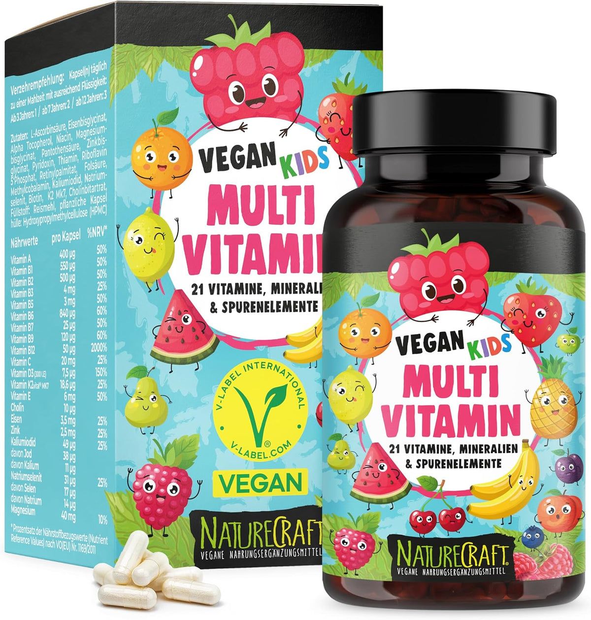 Productverpakking met fles en doos. Opdruk "Vegan Kids Multi Vitamin" en fruit. V-Label Vegan.
