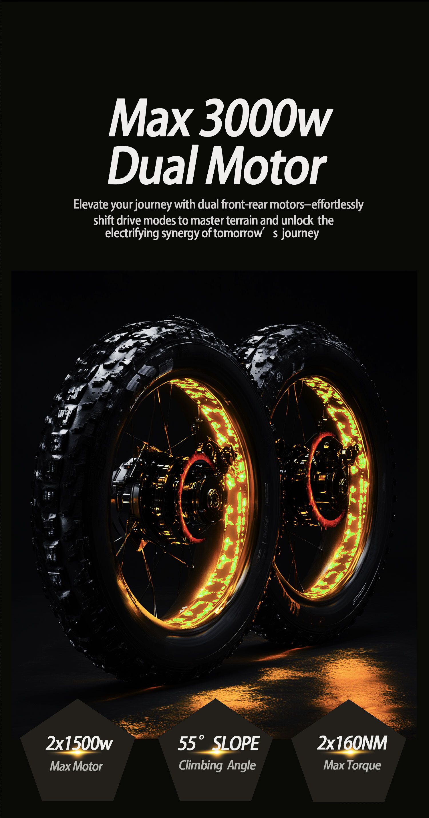 Deux roues d'un vélo électrique. Max 3000W Dual Motor. 2x1500W Max Motor, 55° pente, 2x160NM Max Torque.