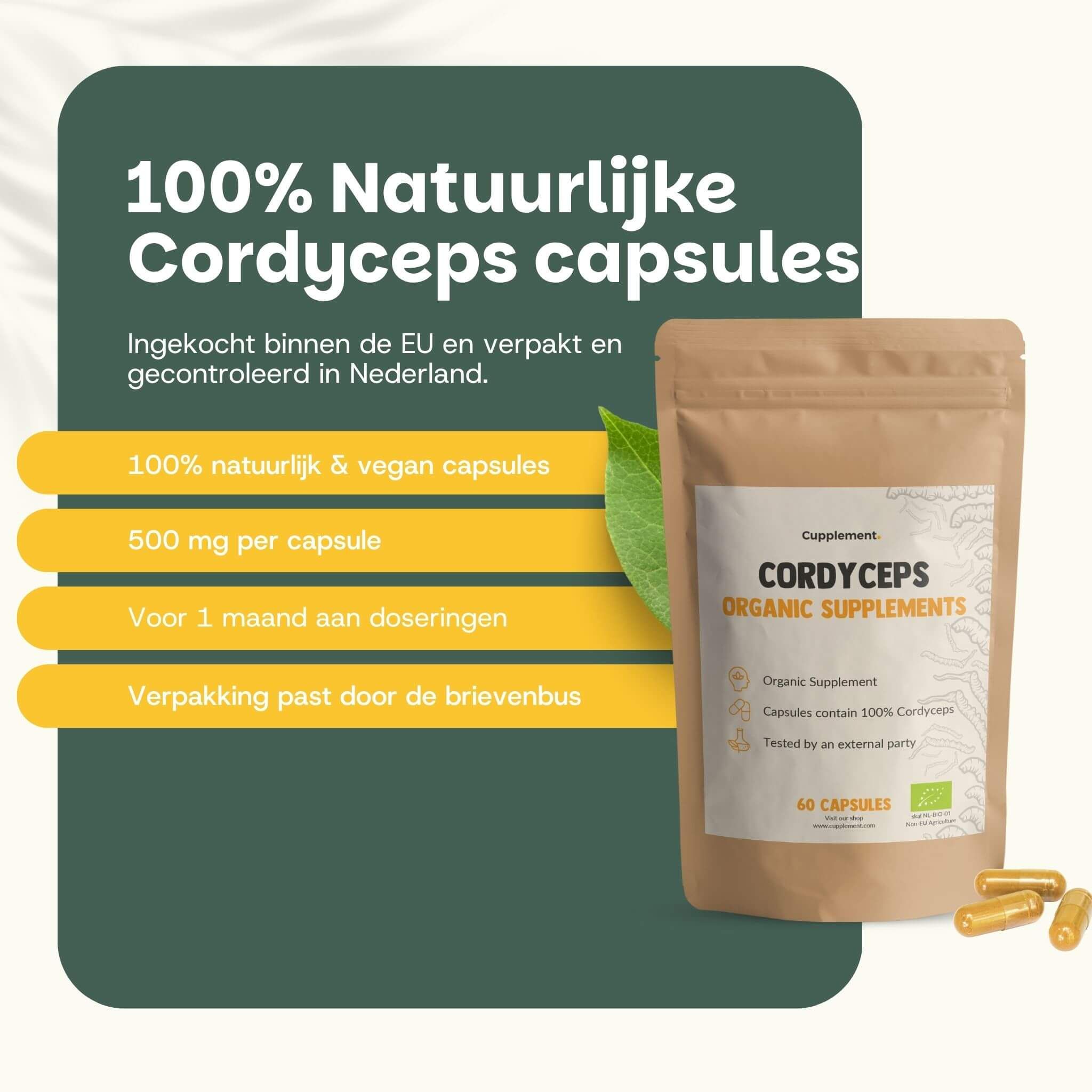 Cordyceps-capsules. Tekst: 100% natuurlijke & vegan capsules, 500 mg per capsule, voor 1 maand doseringen. Bruin zakje.