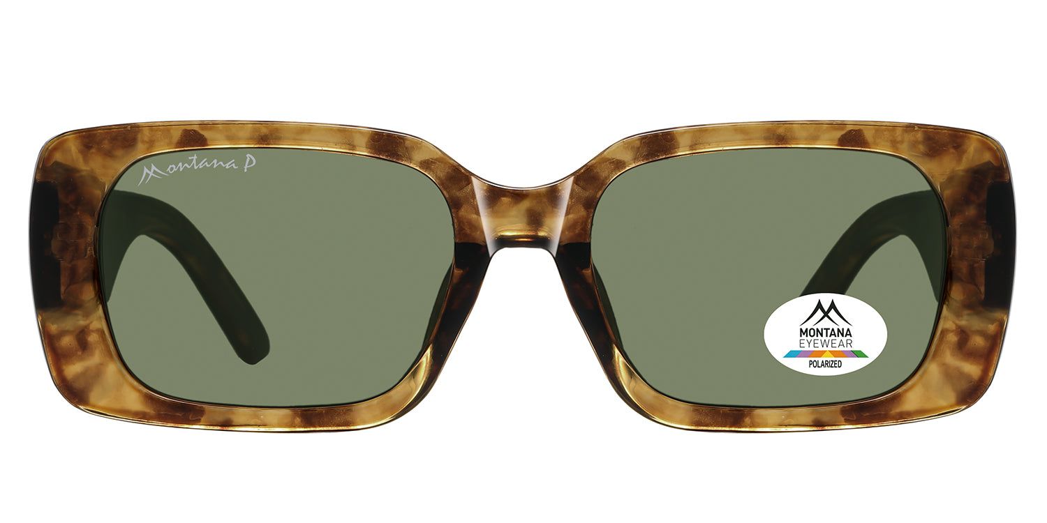 Lunettes de soleil marron et vertes. Logo Montana Eyewear et autocollant Polarized. Forme rectangulaire.