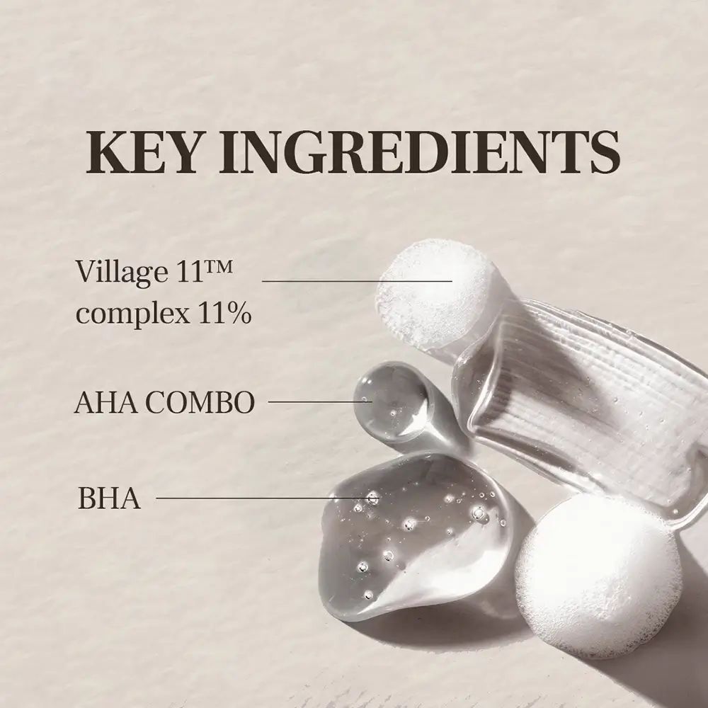 Close-up van drie ingrediënten: Village 11™ complex 11%, AHA COMBO en BHA.
