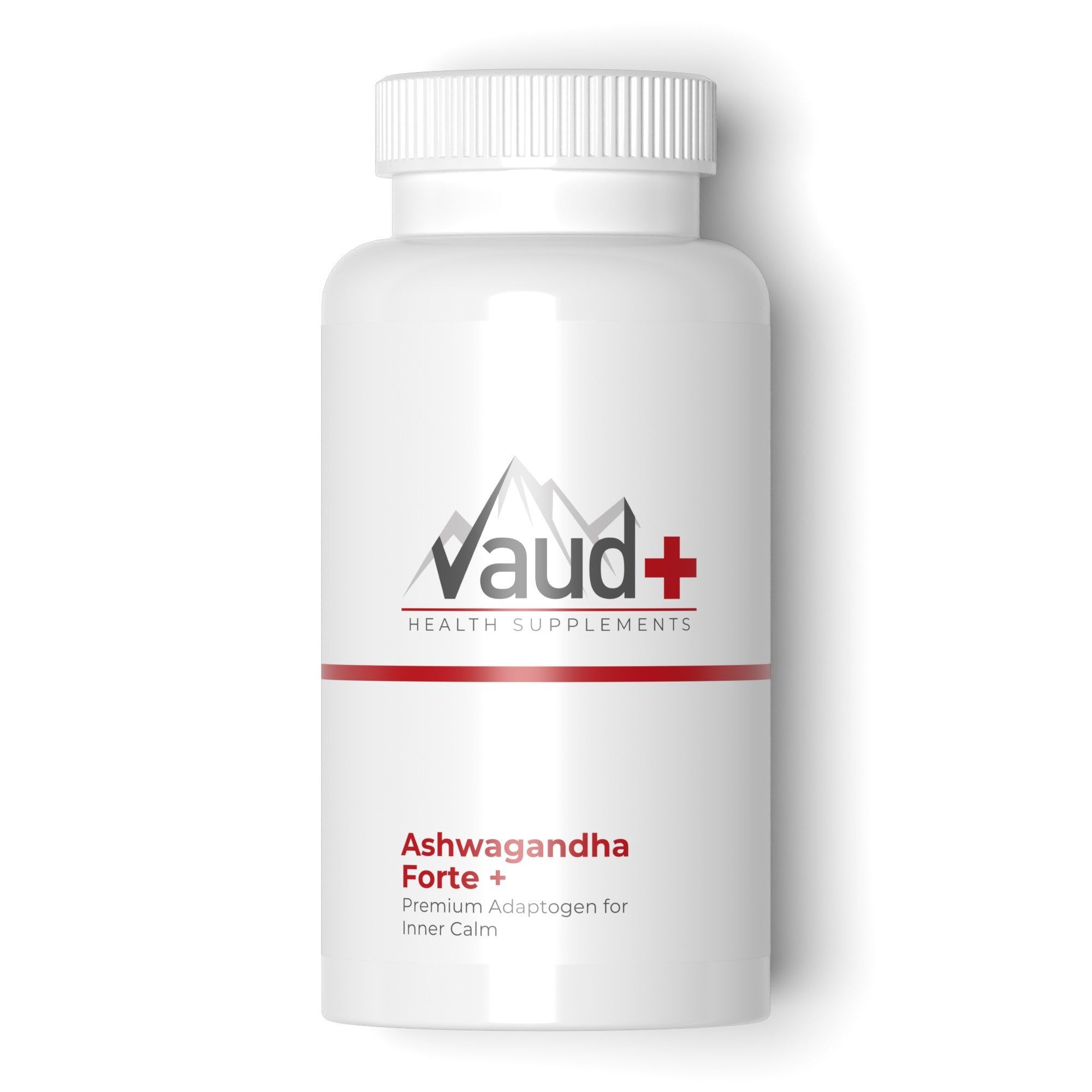 Flacon de Vaud Ashwagandha Forte avec logo rouge et gris.