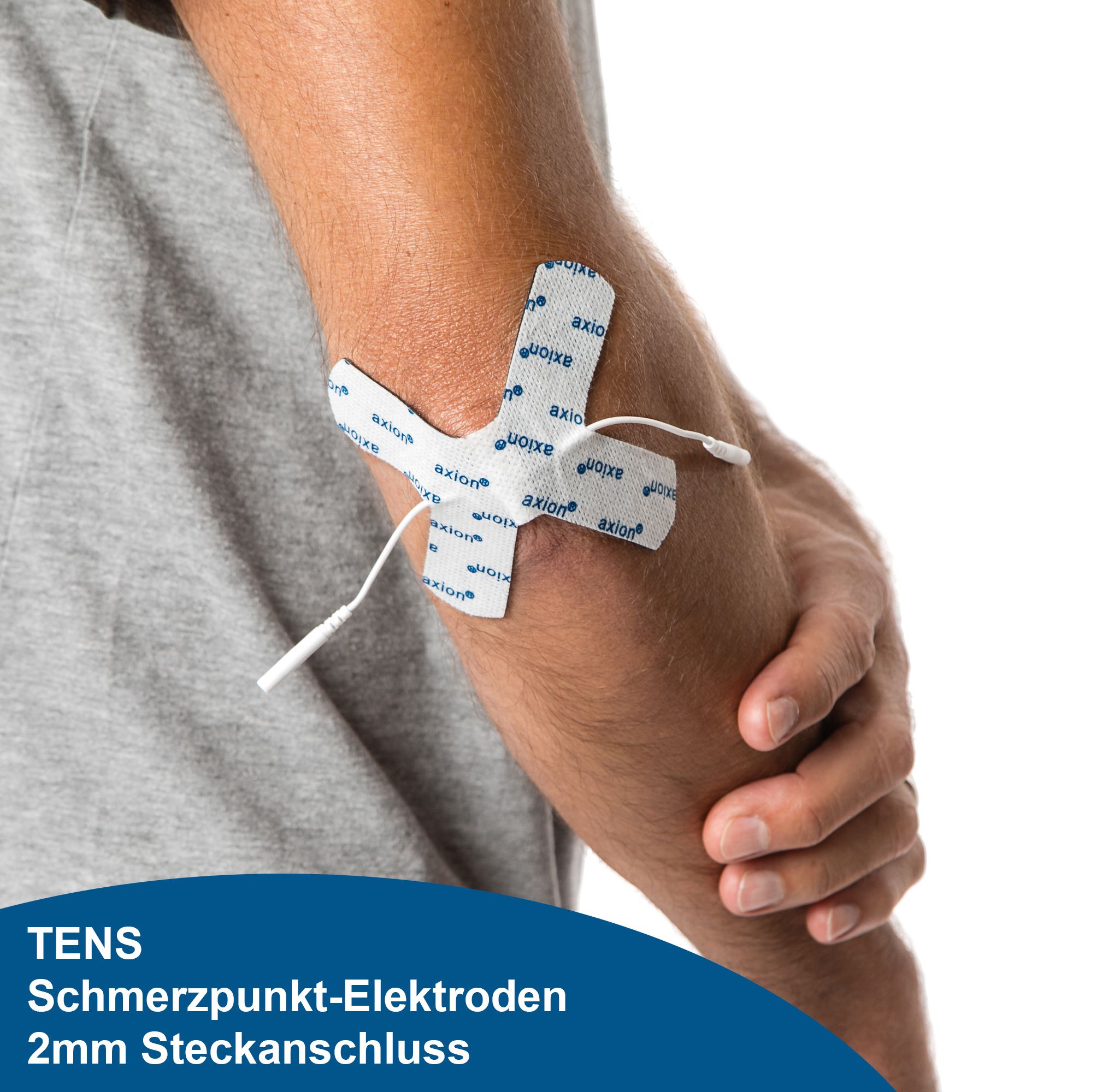 Elektrode in X-vorm op arm geplaatst. Wit met blauw axion®-logo. Met kabel en stekker.