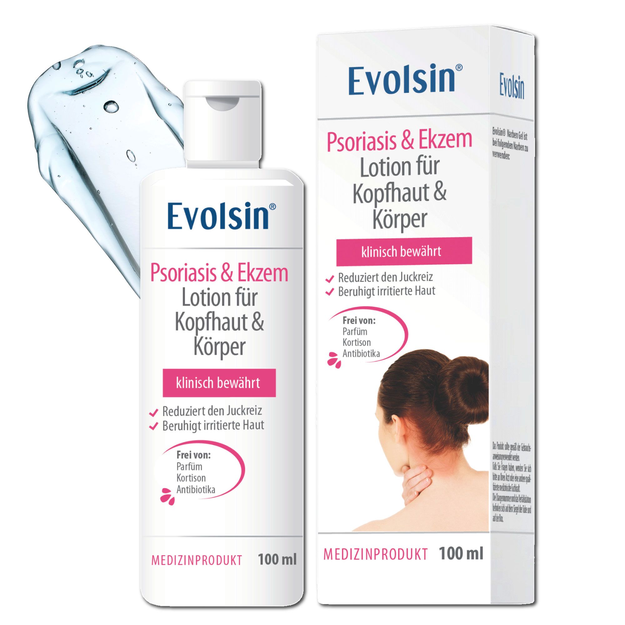 Flacon blanc avec lotion. Texte: Evolsin Psoriasis & Ekzem Lotion. Cliniquement prouvé. Sans: Parfum, Cortisone, Antibiotiques. 100 ml.