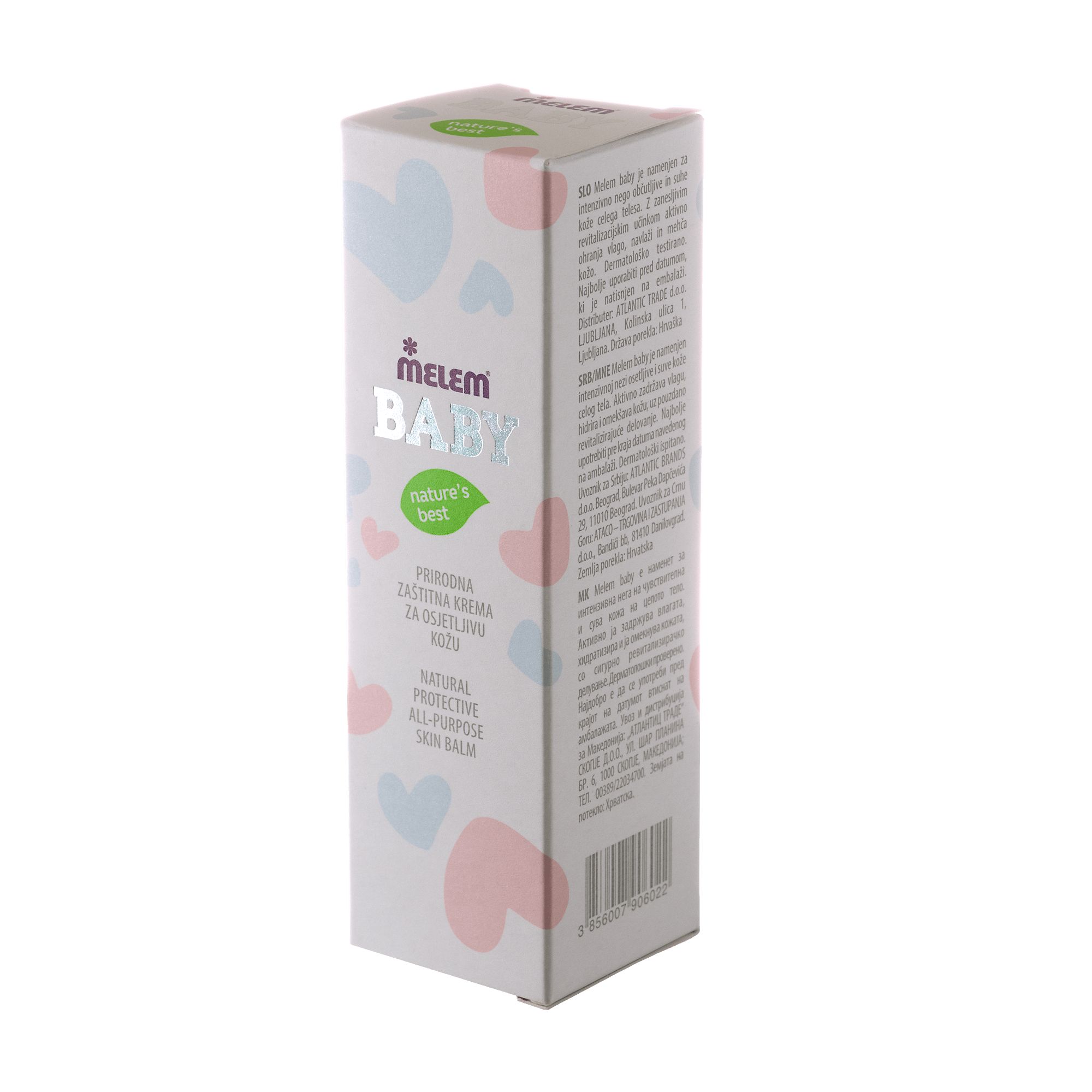 Emballage en carton avec logo et nom du produit. Texte multilingue. Coeurs roses et bleus sur fond blanc.