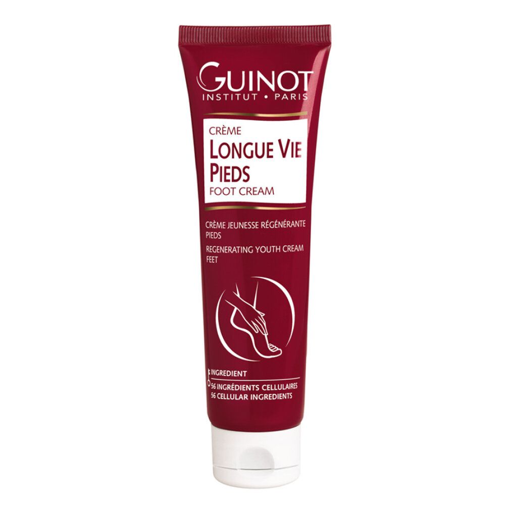 Tube rouge Guinot Longue Vie Pieds. Inscription: Foot Cream. Contient 125 ml. Bouchon blanc. Logo Guinot.