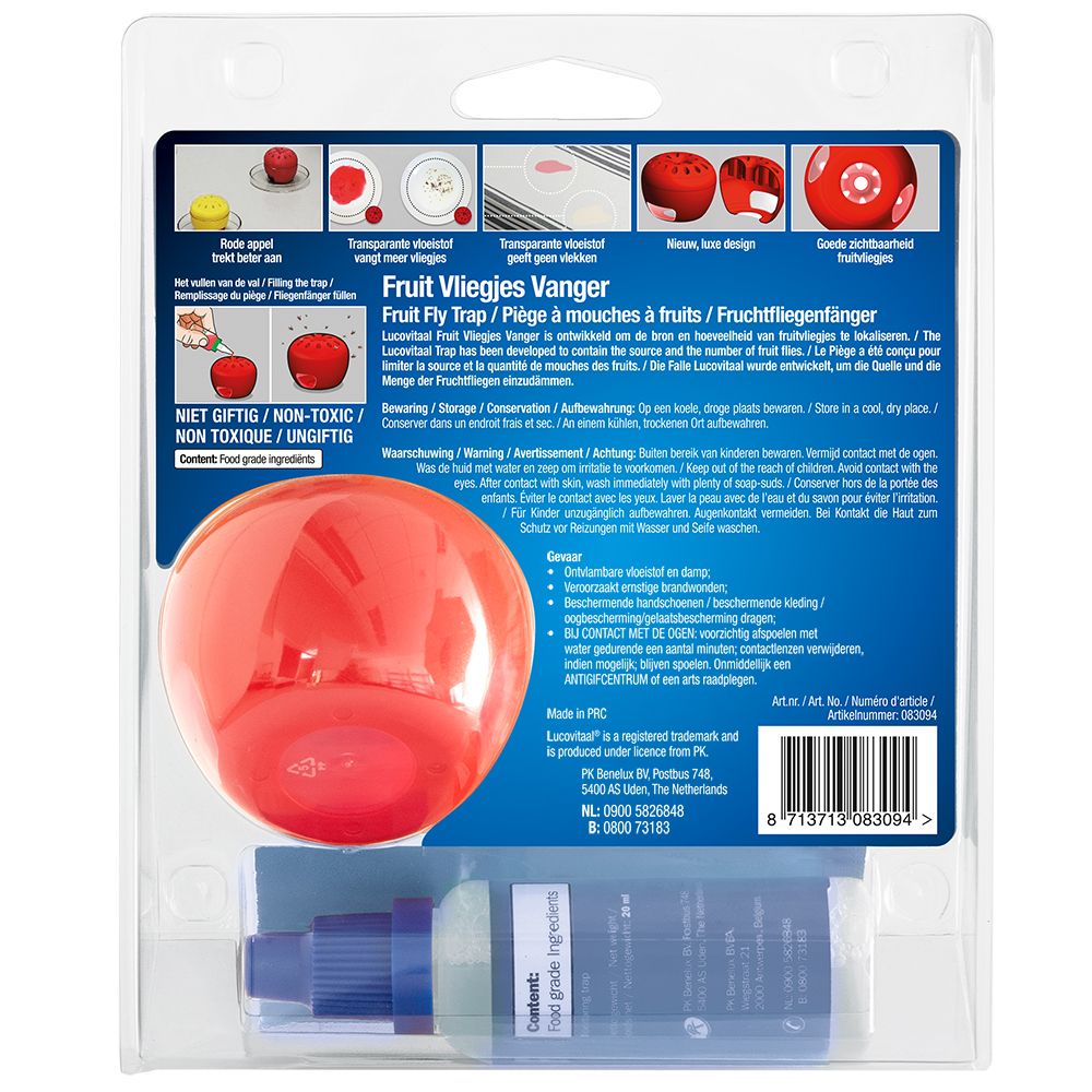 Piège à mouches à fruits rouge et liquide bleu dans un emballage transparent. Dos avec instructions et textes multilingues.