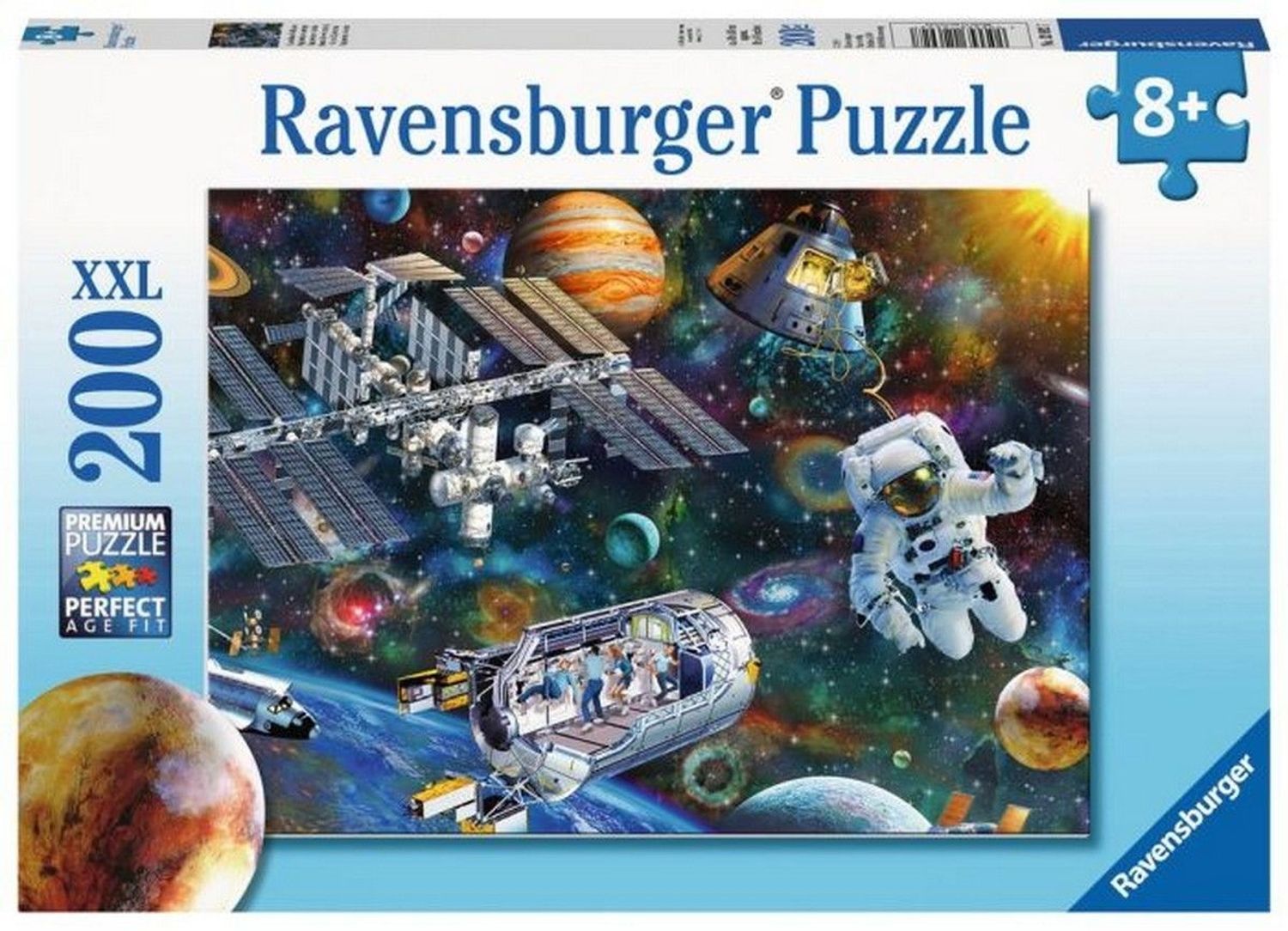 Ravensburger Puzzel, 200 stukjes, XXL. Verpakking met ruimtethema. Astronaut, ruimtestation, planeten.