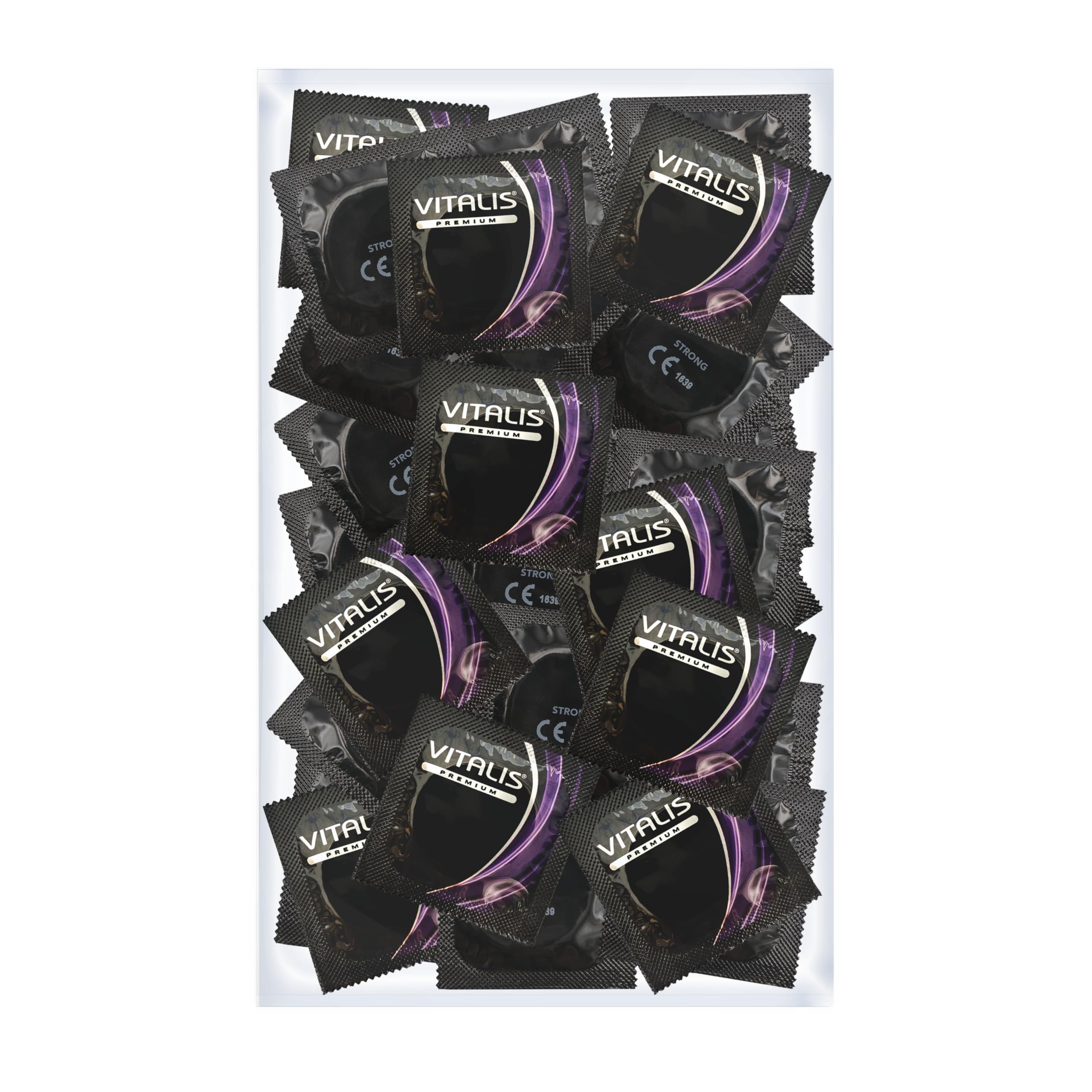 Vitalis PREMIUM Strong condooms in individuele verpakkingen, zwart met paarse accenten.