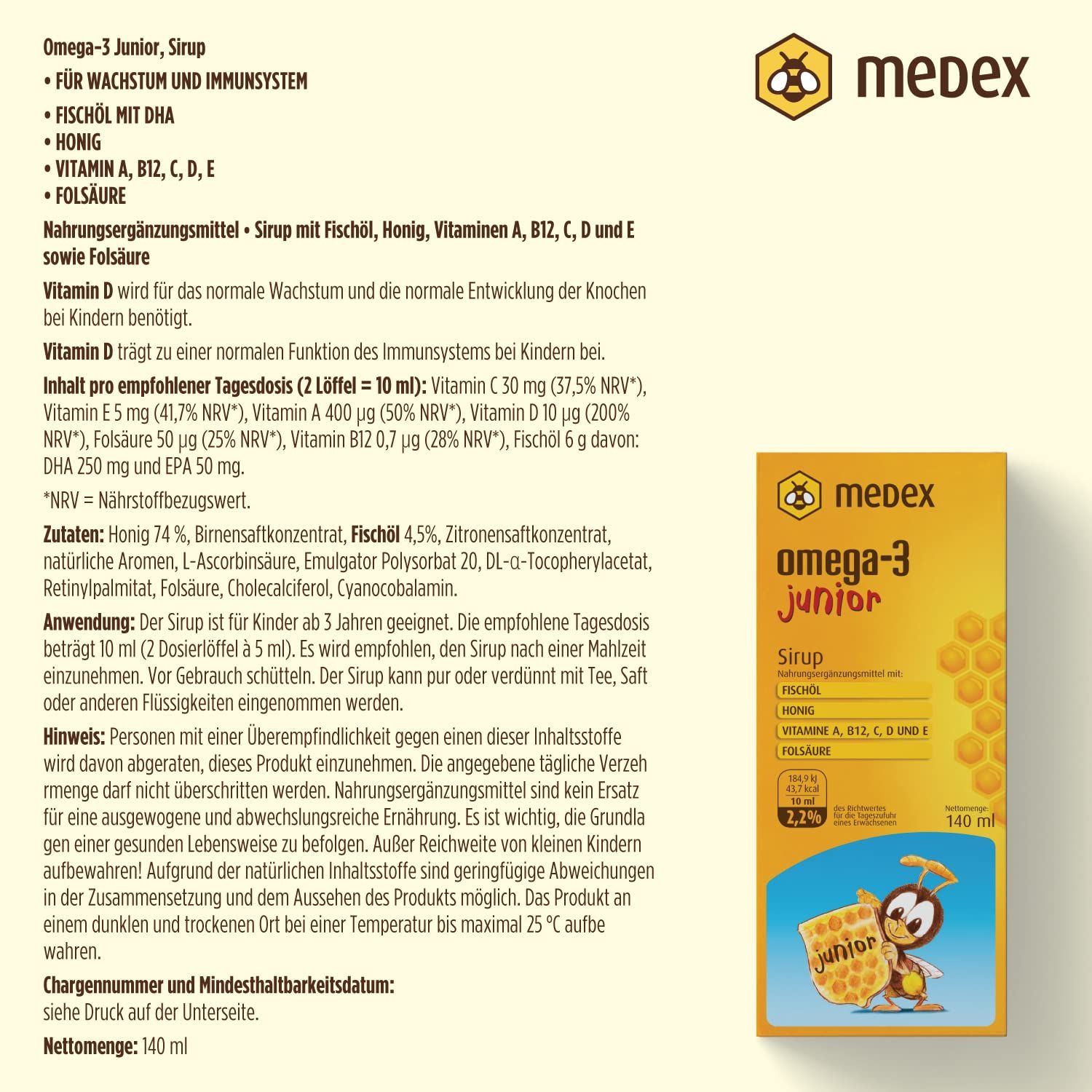 Texte avec informations sur le produit. Inscription : Omega-3 Junior sirop. Contient du miel, des vitamines et du DHA. 140 ml.