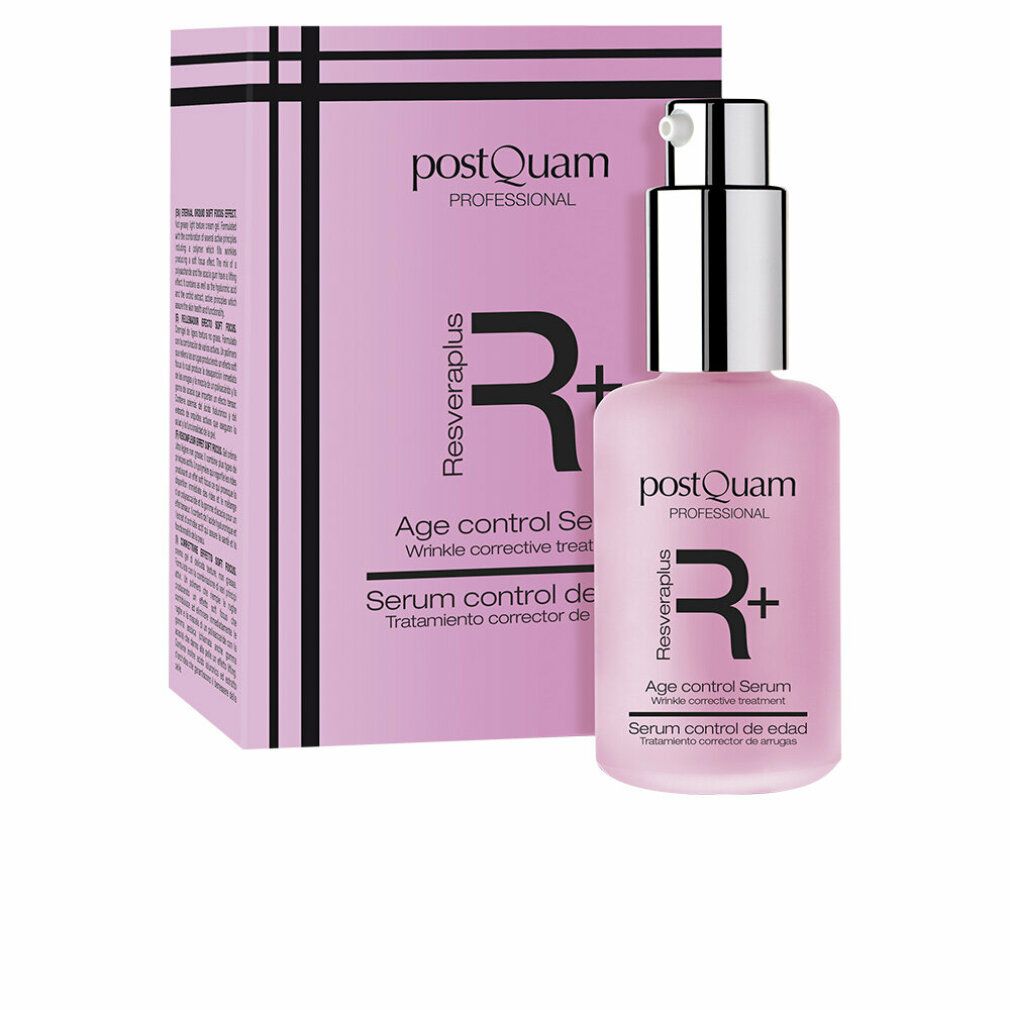 Roze fles met pomp en verpakking. Opschrift: Postquam Resveraplus Age control Serum. Rimpelcorrectie behandeling.