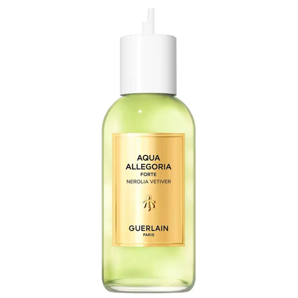 Flacon avec liquide jaunâtre, bouchon blanc et étiquette dorée. Nom du produit et logo sur l'étiquette.