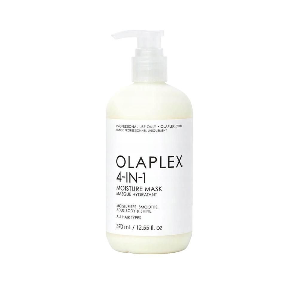 Witte fles met pomp. Opschrift: OLAPLEX 4-IN-1 MOISTURE MASK. Tekst in het Engels en Frans. Inhoud: 370 ml.