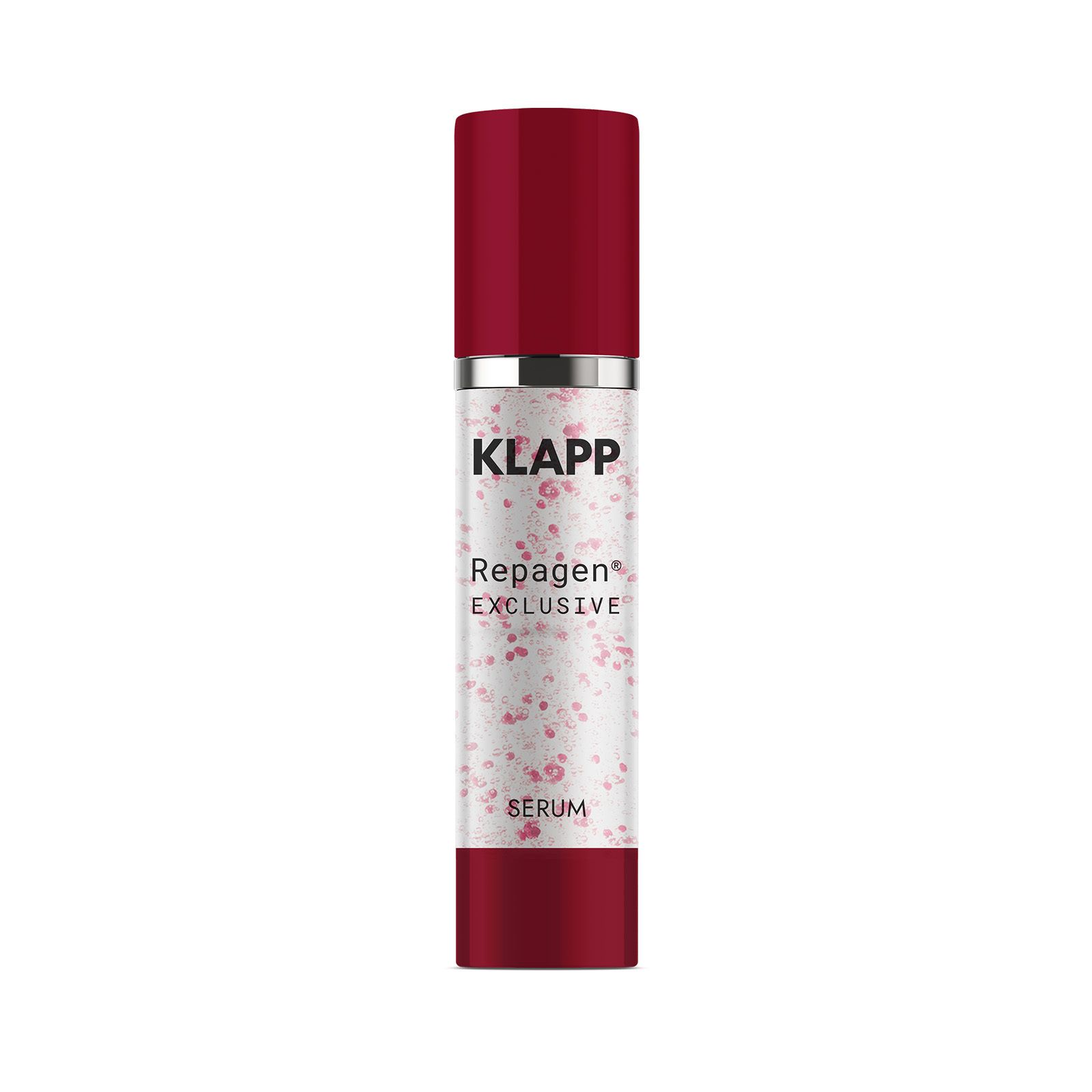 KLAPP Repagen EXCLUSIVE serum in een donkerrode fles met pompdispenser en een patroon van roze spikkels.