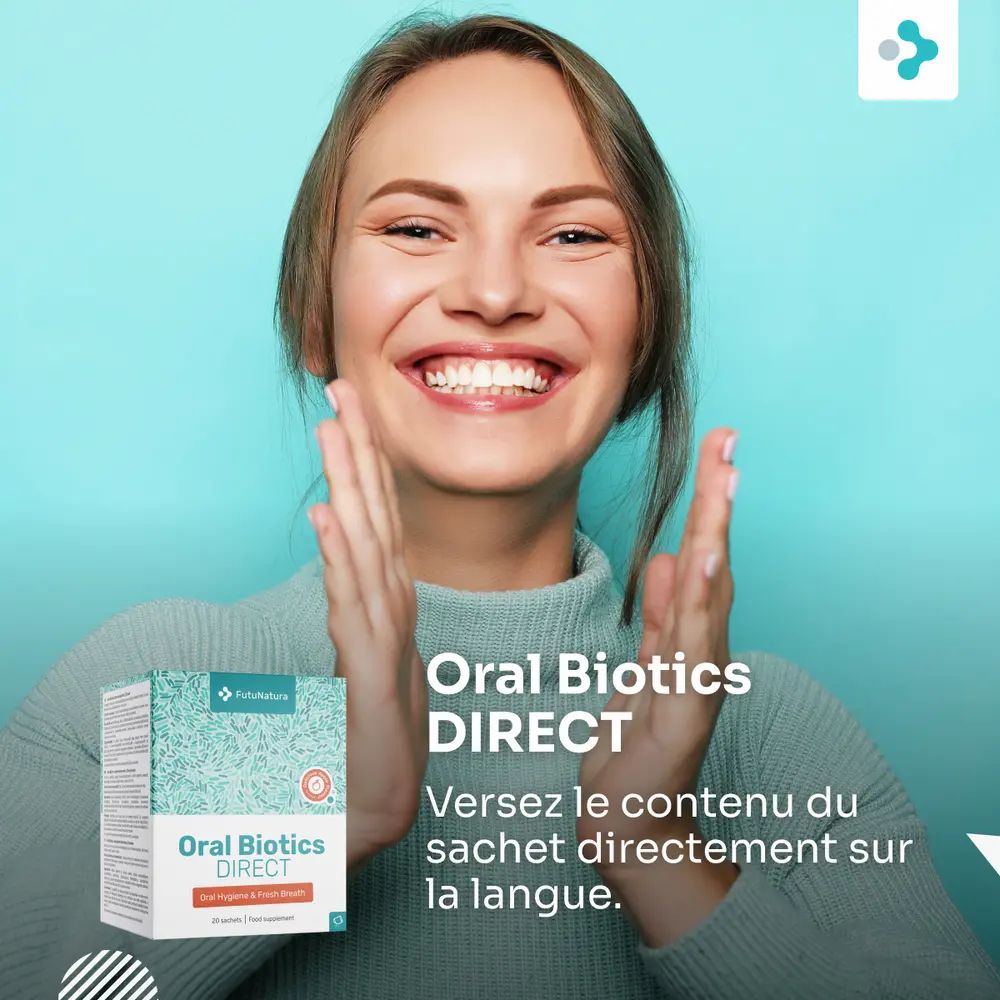 Femme souriante. Emballage du produit et texte : Oral Biotics DIRECT. Texte : Verser le contenu directement sur la langue.