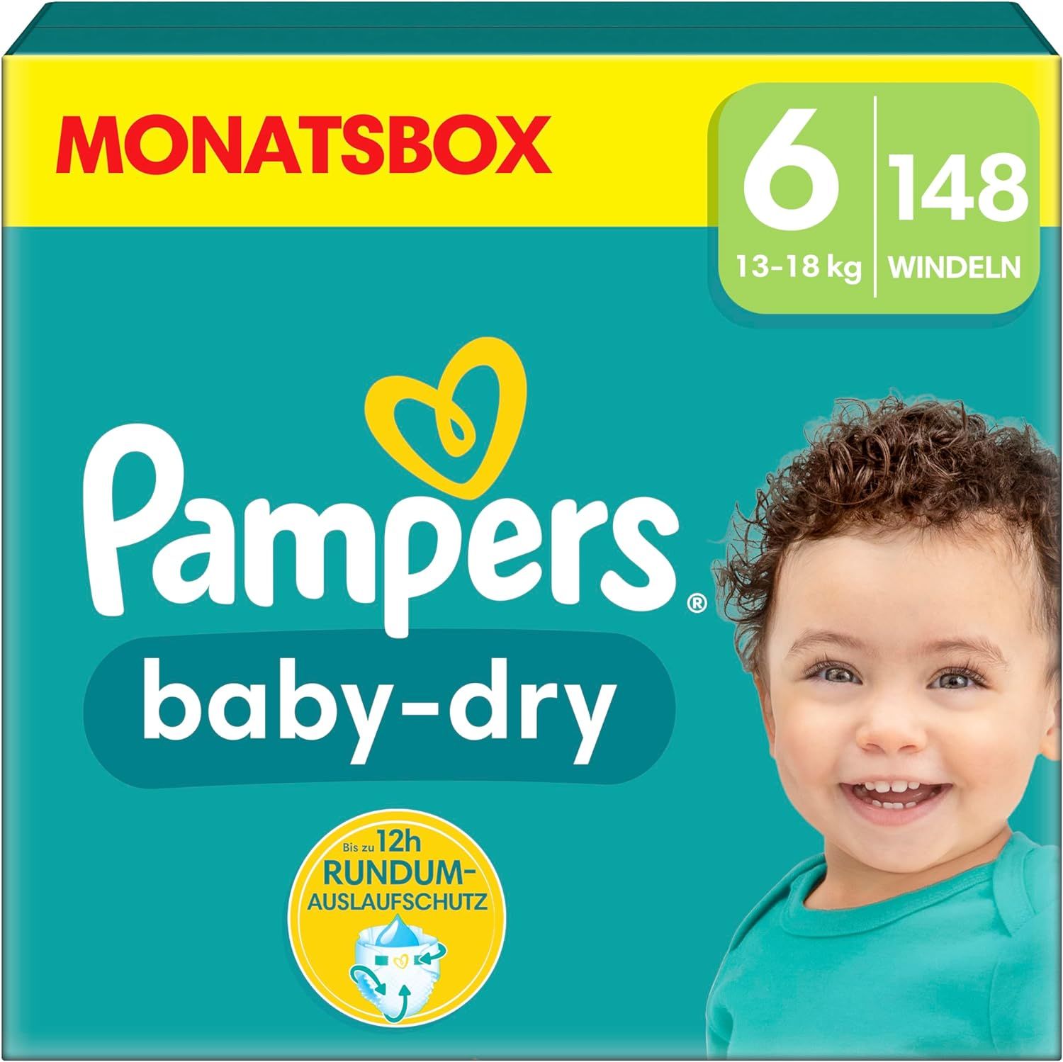Turquoise verpakking Pampers Baby-Dry luiers, maat 6 (13-18 kg), 148 stuks. Afbeelding van een lachende baby.