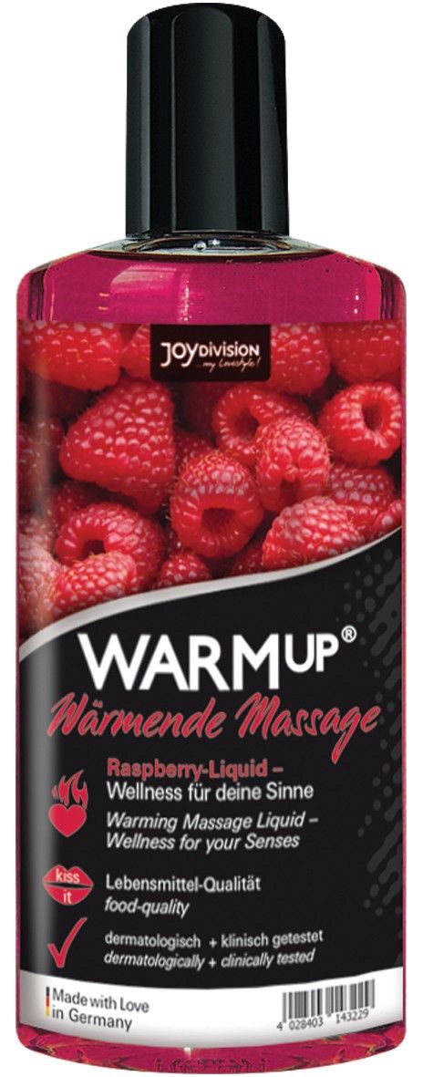 Flacon avec motif framboise. Inscription: WARM UP, Massage chauffant. Contient du liquide à la framboise. Testé dermatologiquement et cliniquement.