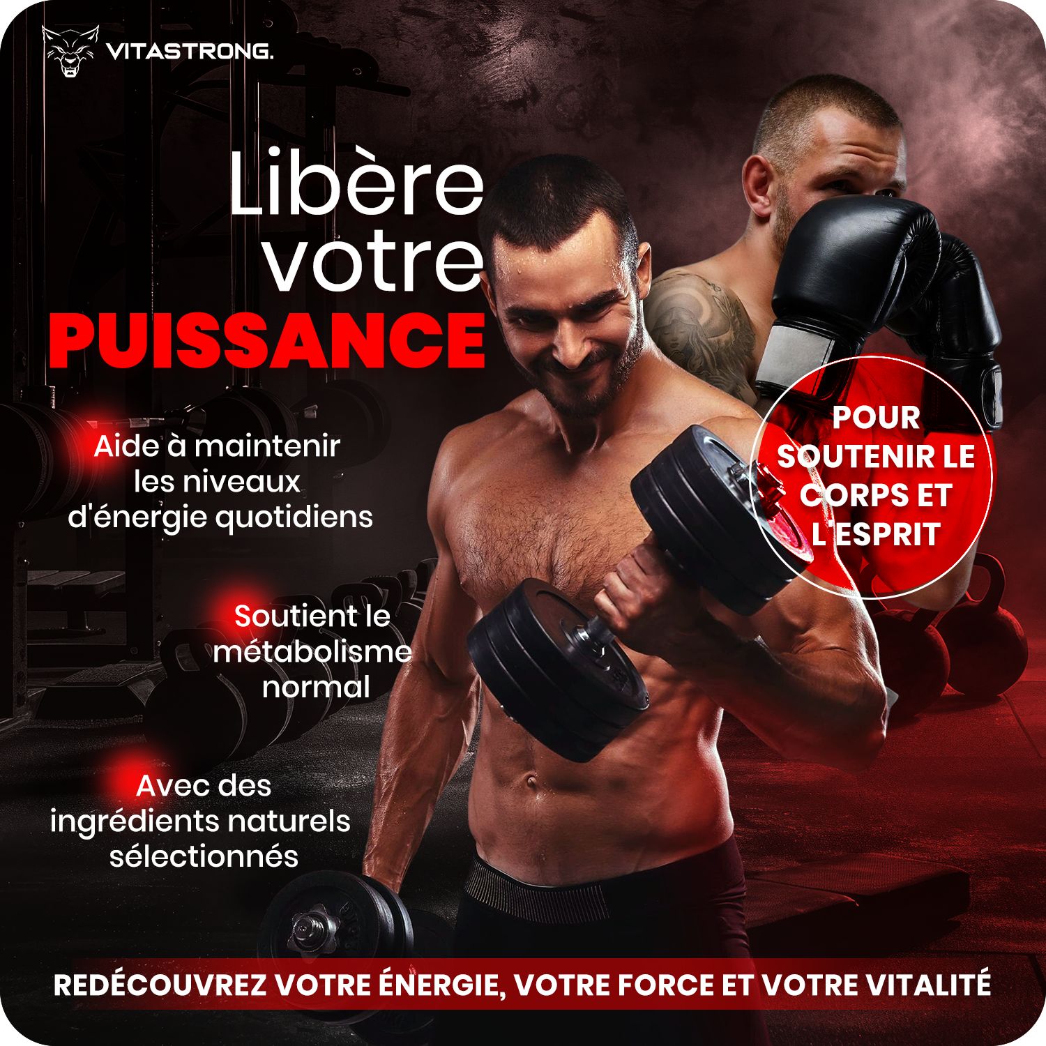 Man met halters. Tekst: Bevrijd je kracht. Ondersteunt lichaam en geest. Met natuurlijke ingrediënten.