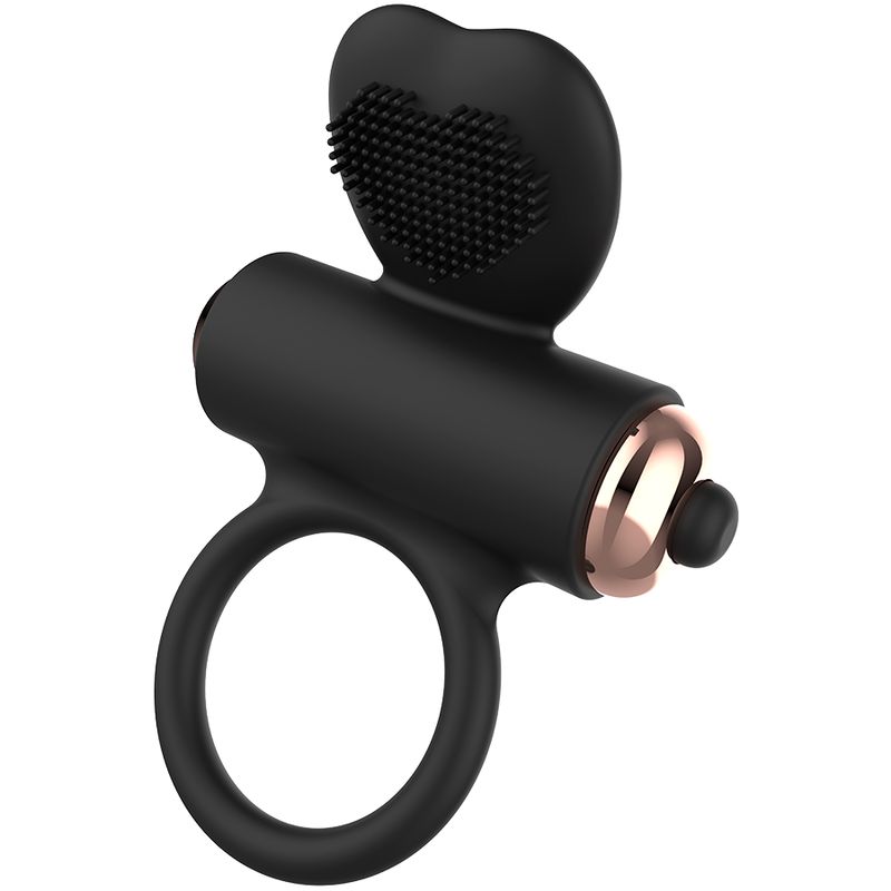 Anneau vibrant noir avec applicateur en forme de cœur et rainures.