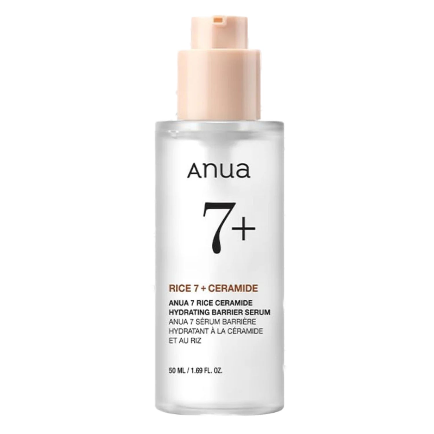 Anua 7 Rice Ceramide Hydrating Barrier Serum in heldere fles met pompdispenser.