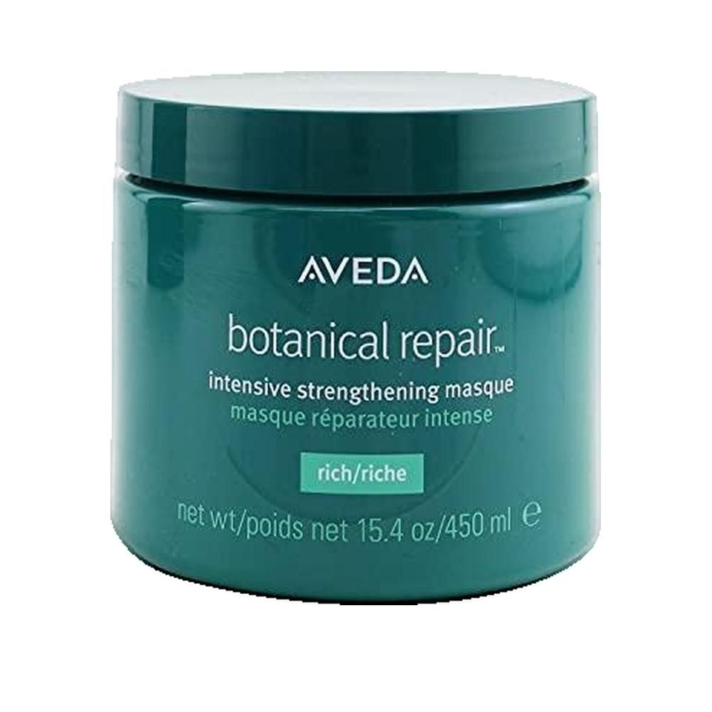 Pot rond vert avec couvercle. Inscription AVEDA, botanical repair, masque réparateur intense, rich/riche. Poids net 15,4 oz/450 ml.