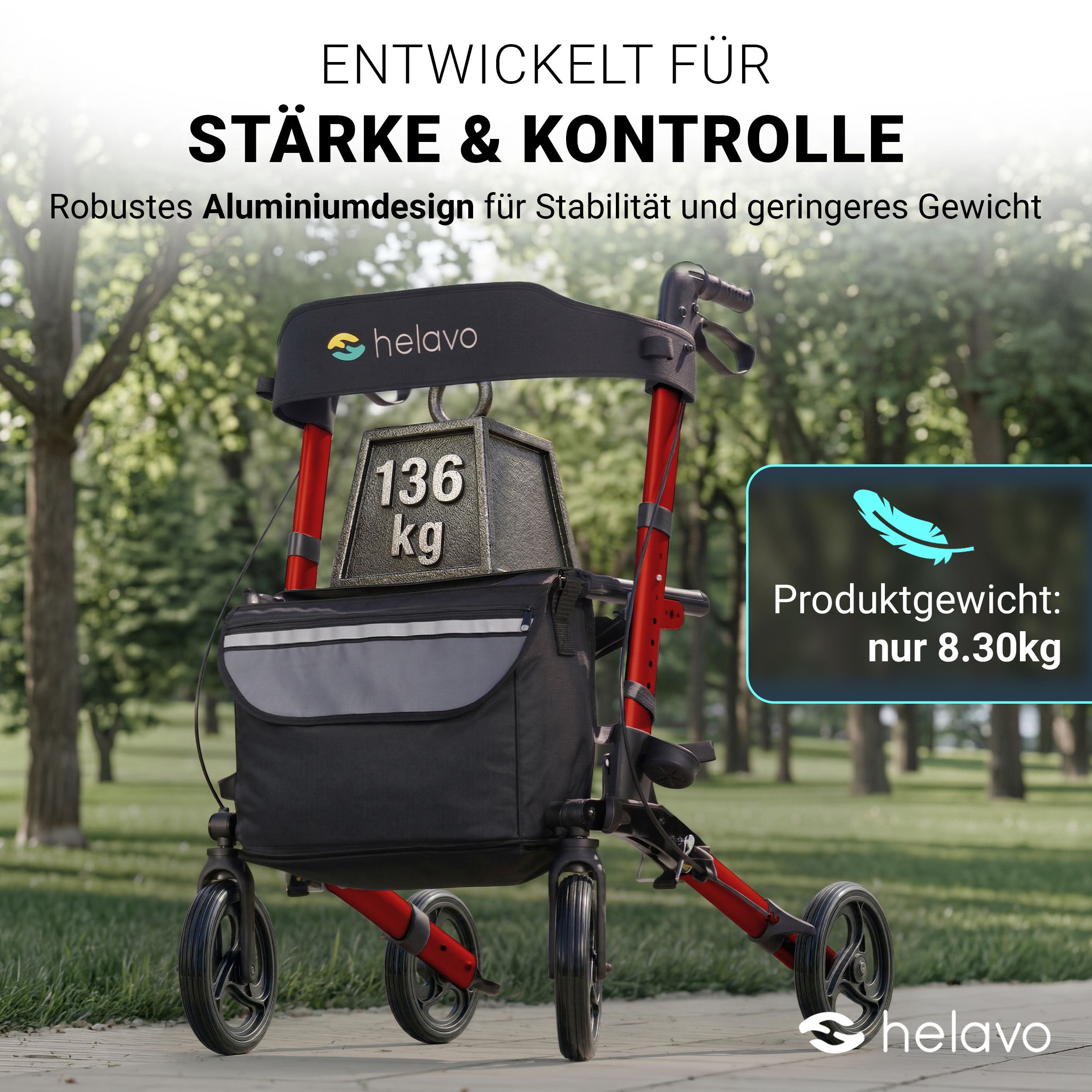Rollator Helavo rouge testé pour 136kg. Poids du produit seulement 8,30kg.