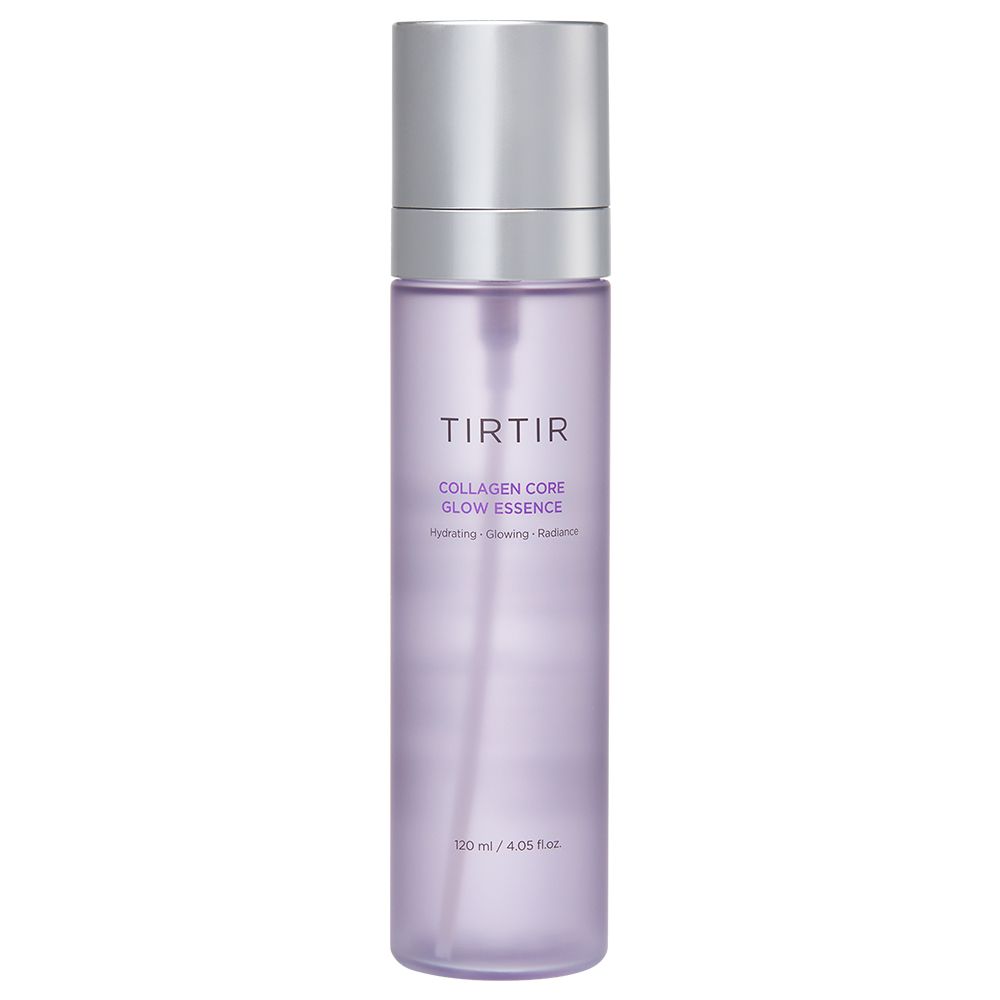TIRTIR Collagen Core Glow Essence in een doorschijnende paarse fles met zilveren pompdosator.