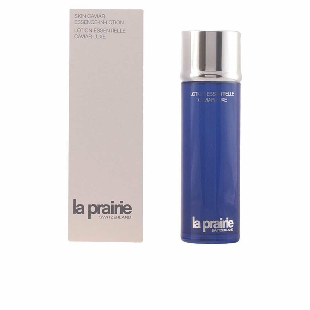 Blauwe fles met zilveren dop en verpakking. Opschrift: Skin Caviar Essence-in-Lotion. Merk: La Prairie.