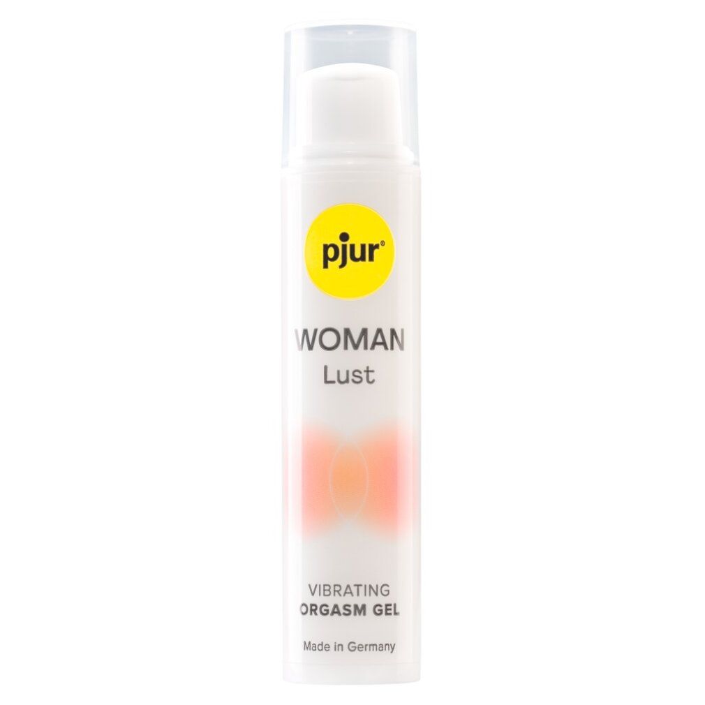 Flacon blanc avec étiquette jaune. Nom et texte du produit. Bouchon transparent. Texte : Vibrating Orgasm Gel. Fabriqué en Allemagne.